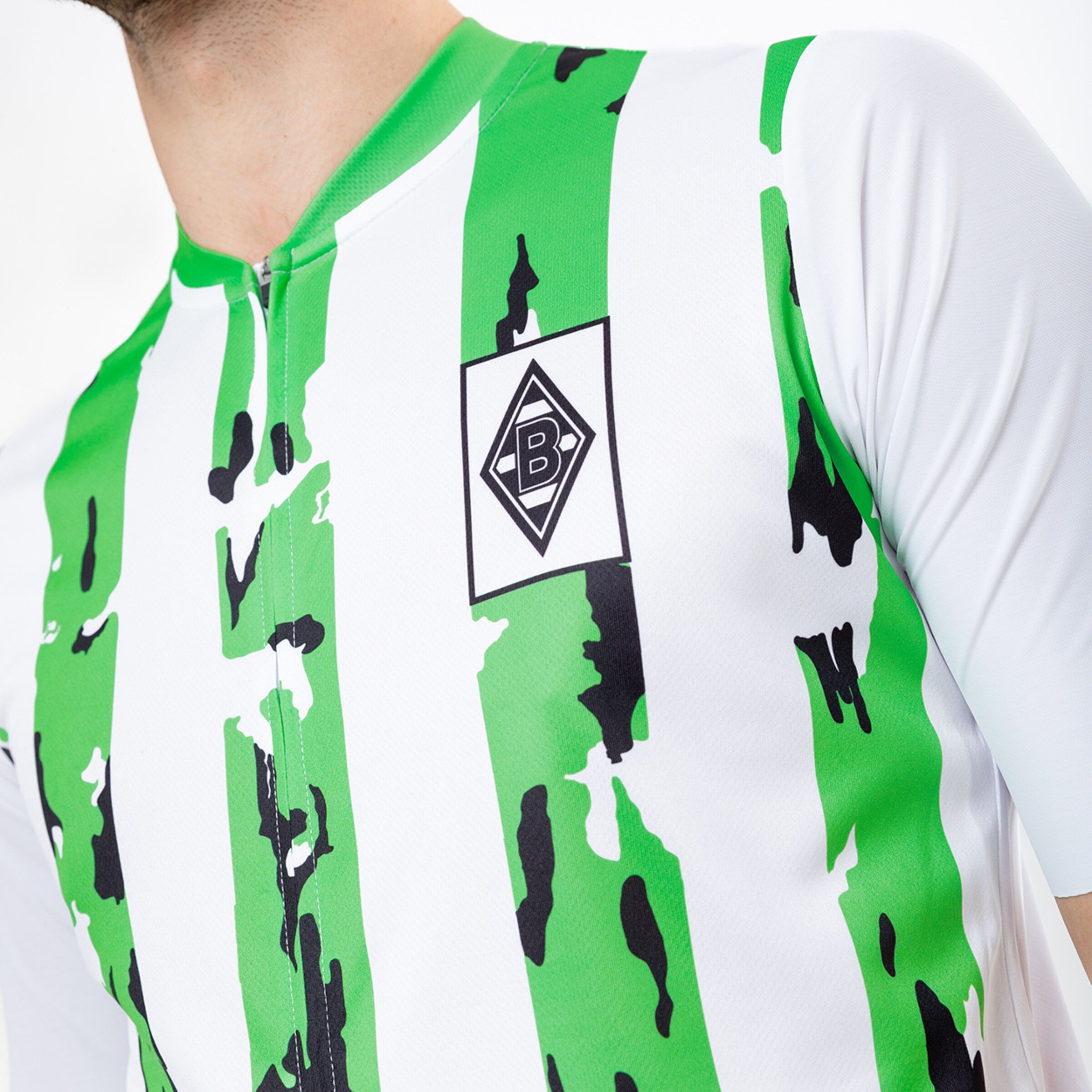 Borussia Mönchengladbach jersey featuring distinctive green and white stripes with the club logo.