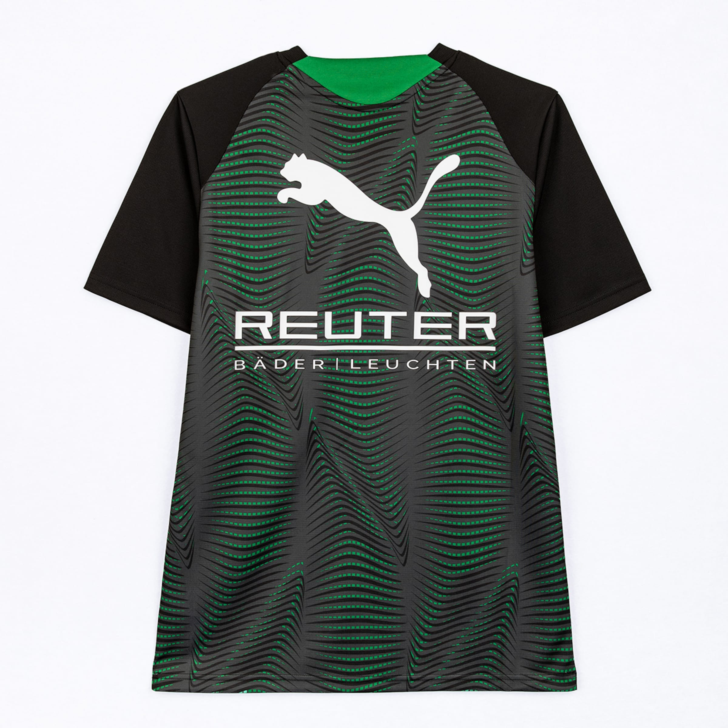 A black and dark grey soccer jersey with a wavy green and black pattern. It has black raglan sleeves, a green collar, and white Puma and REUTER logos prominently displayed on the chest.