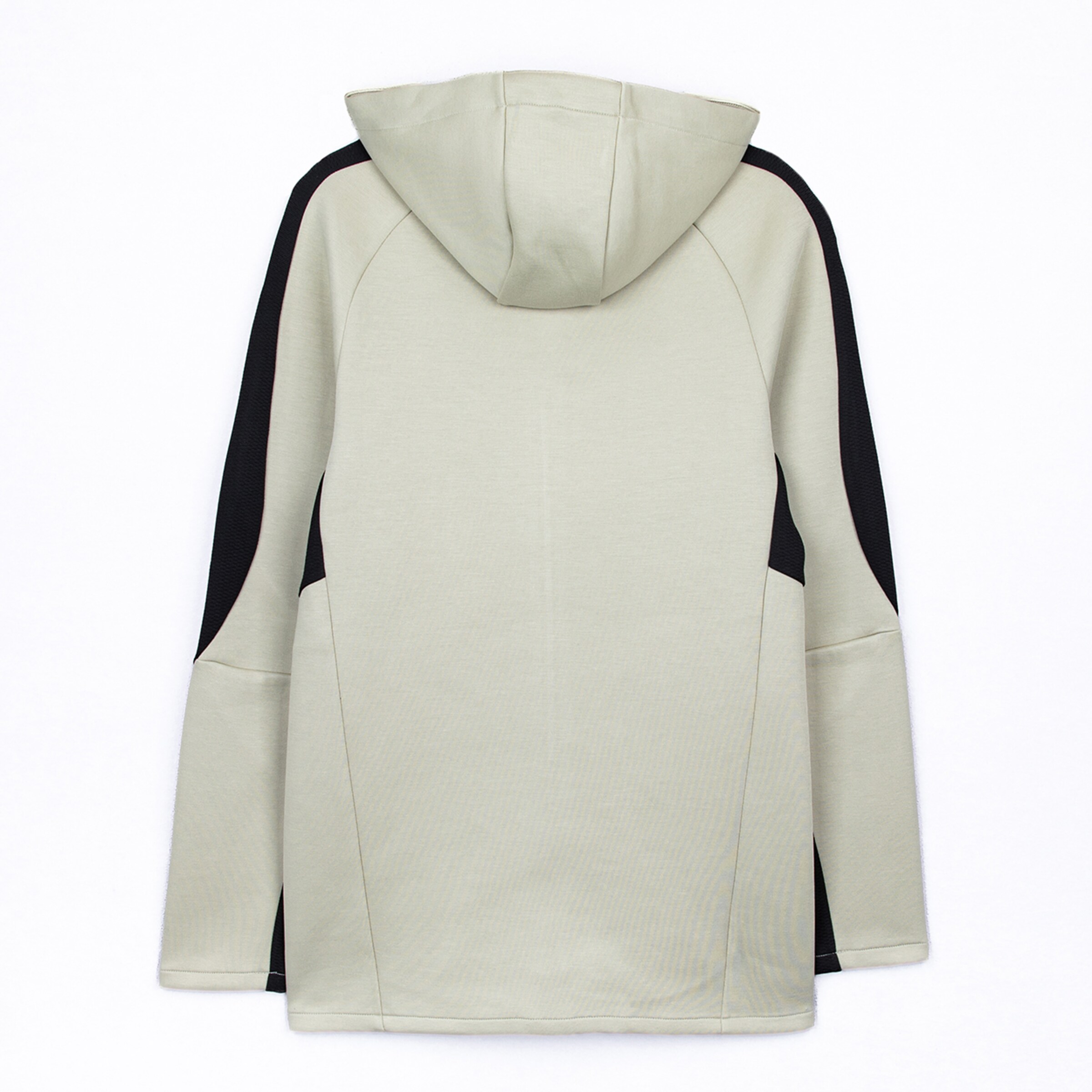Rückansicht eines hellbeigen Hoodies mit schwarzen Einsätzen an den äußeren Ärmeln und Seiten, auf weißem Hintergrund dargestellt.