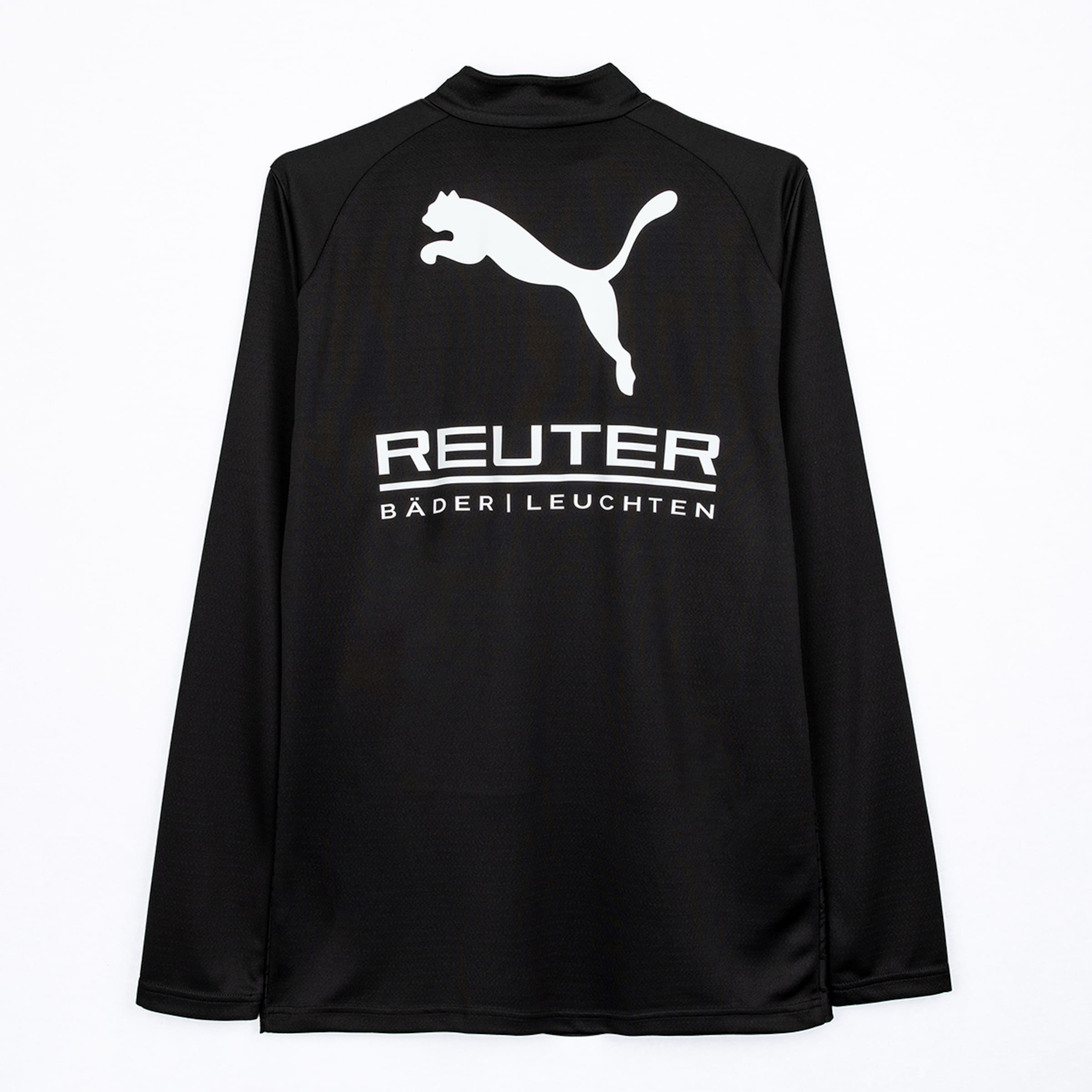 Back of a black long-sleeved Puma sports top with a stand-up collar, featuring a white leaping Puma logo and 'REUTER BÄDER | LEUCHTEN' print below.