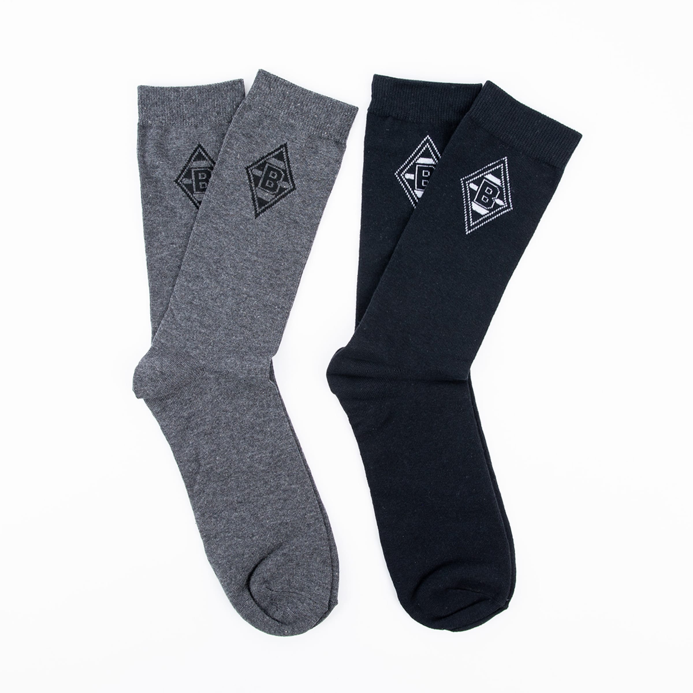 Black and gray socks featuring the Borussia Mönchengladbach logo.