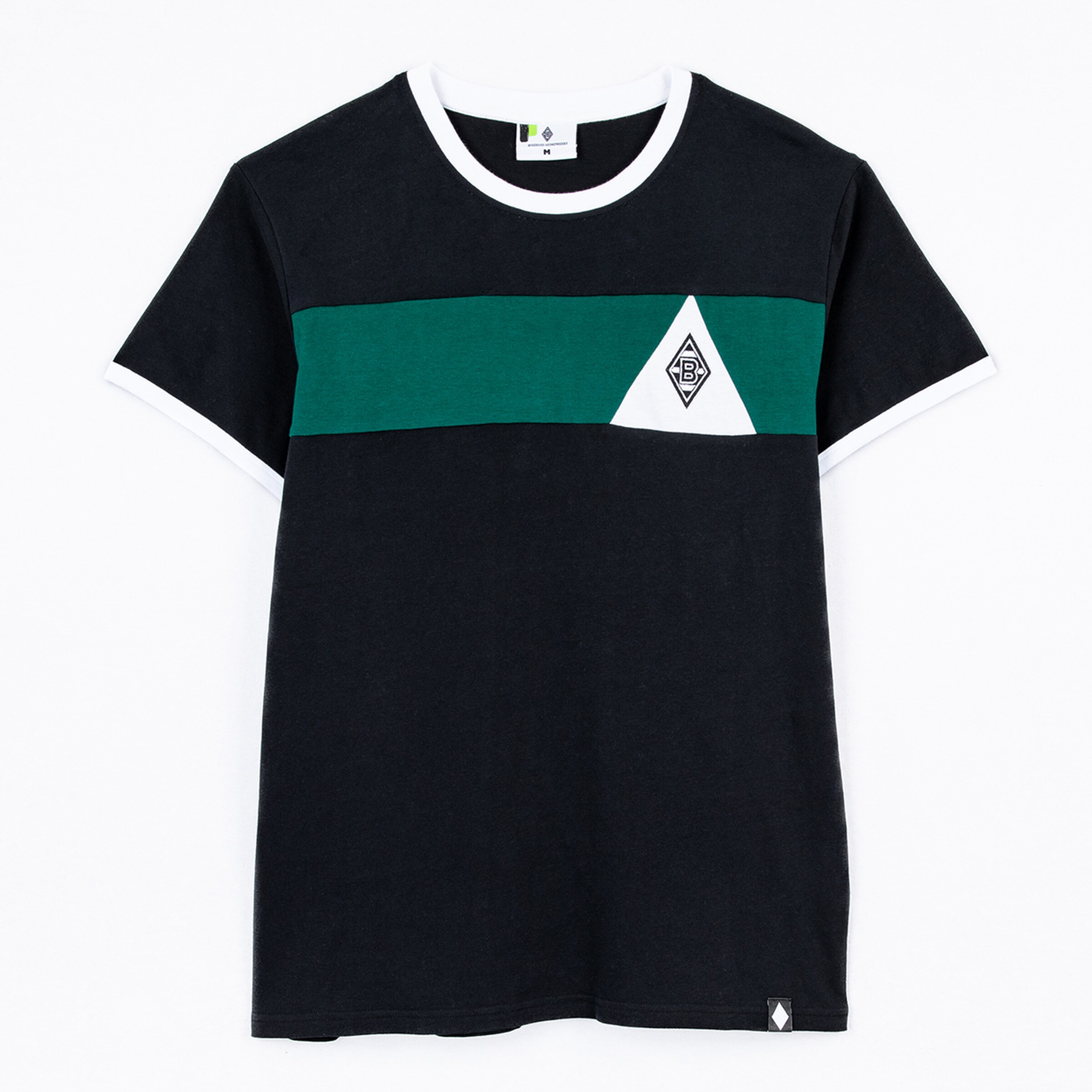 Schwarzes T-Shirt mit grünem Streifen und weißem Logo-Dreieck von Borussia Mönchengladbach.
