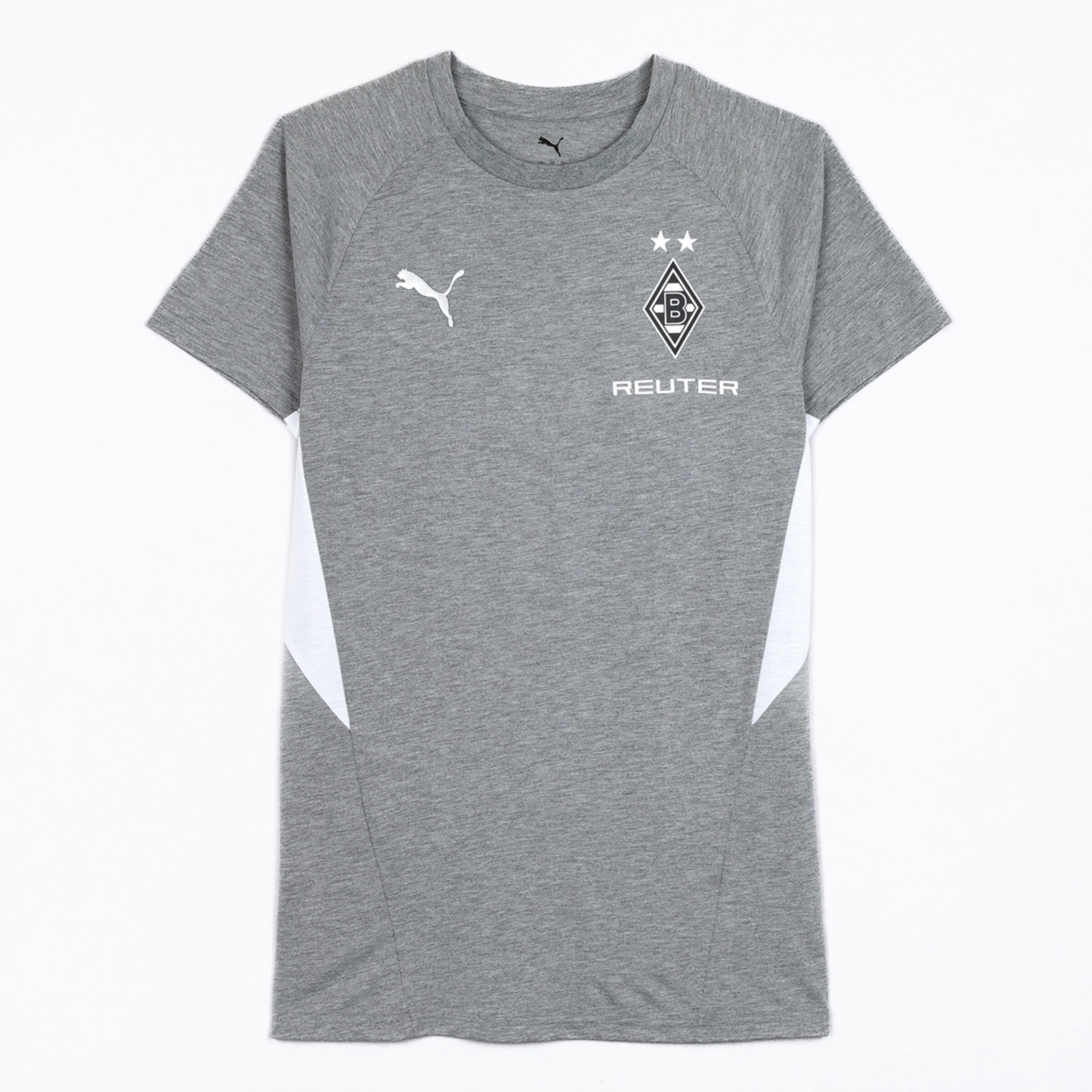Graues Fußballtrikot von Borussia Mönchengladbach mit Puma-Logo und dem Schriftzug REUTER.