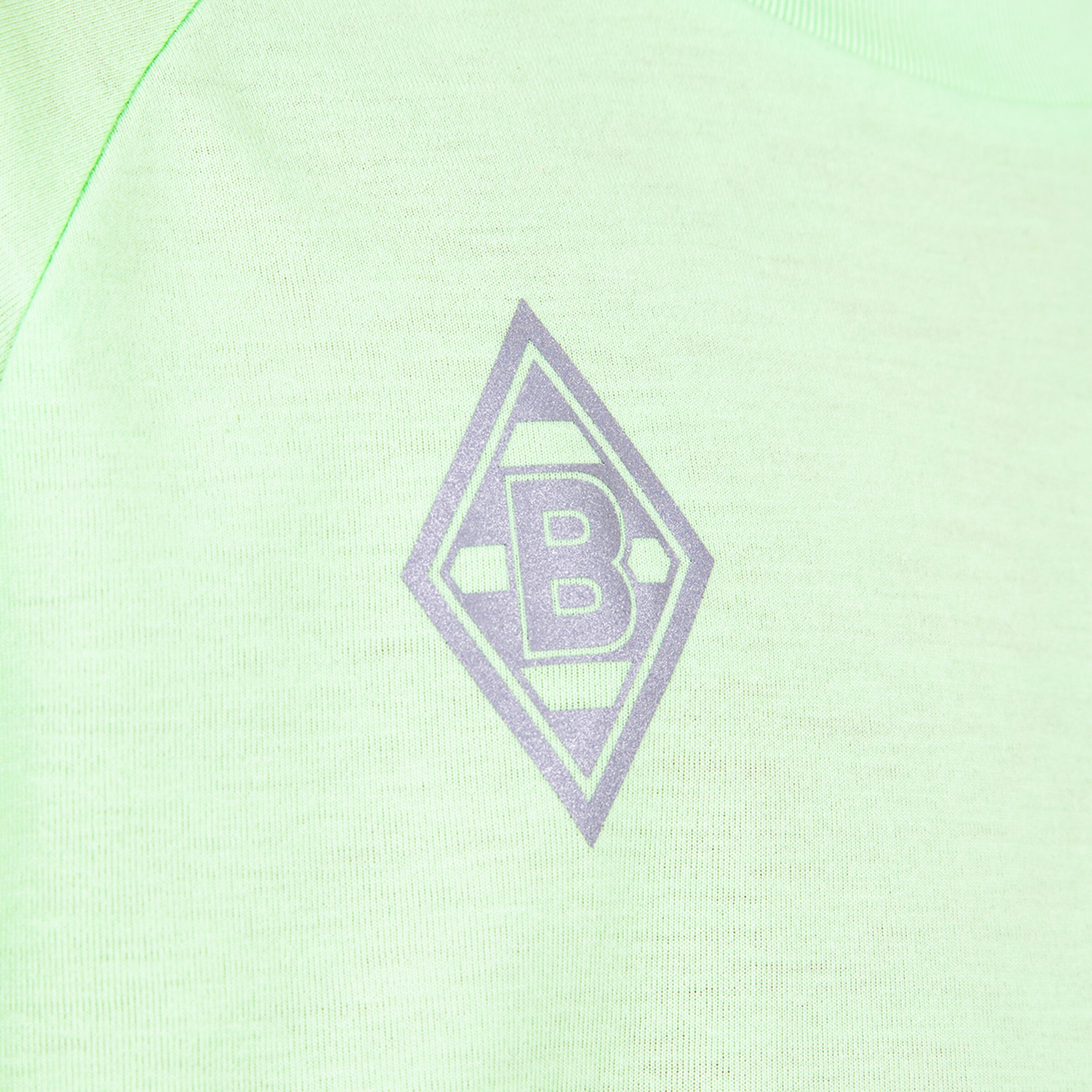 Logo von Borussia Mönchengladbach in violett auf grünem Textil.