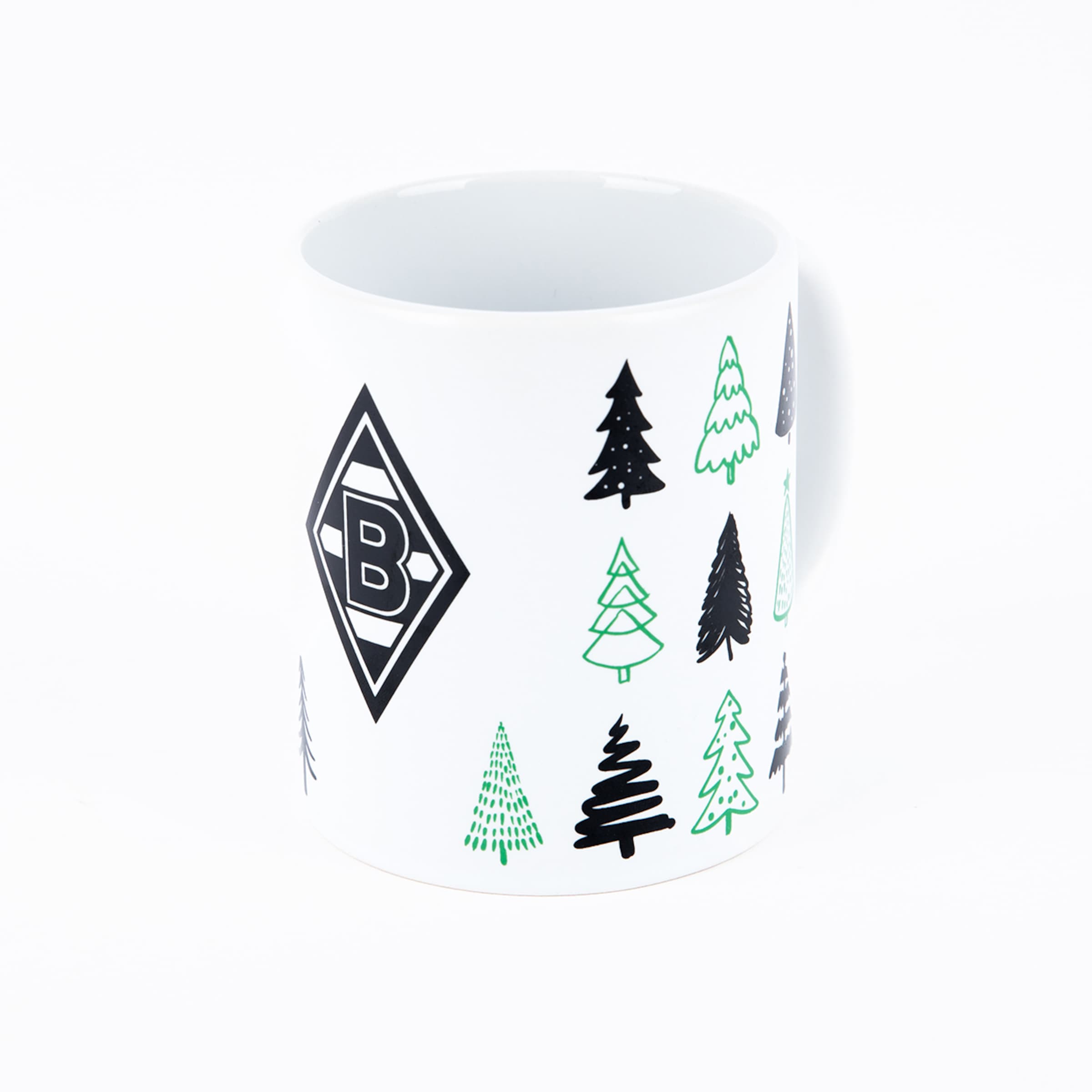 Tasse mit dem Borussia Mönchengladbach-Logo und verschiedenen Baum-Motiven.