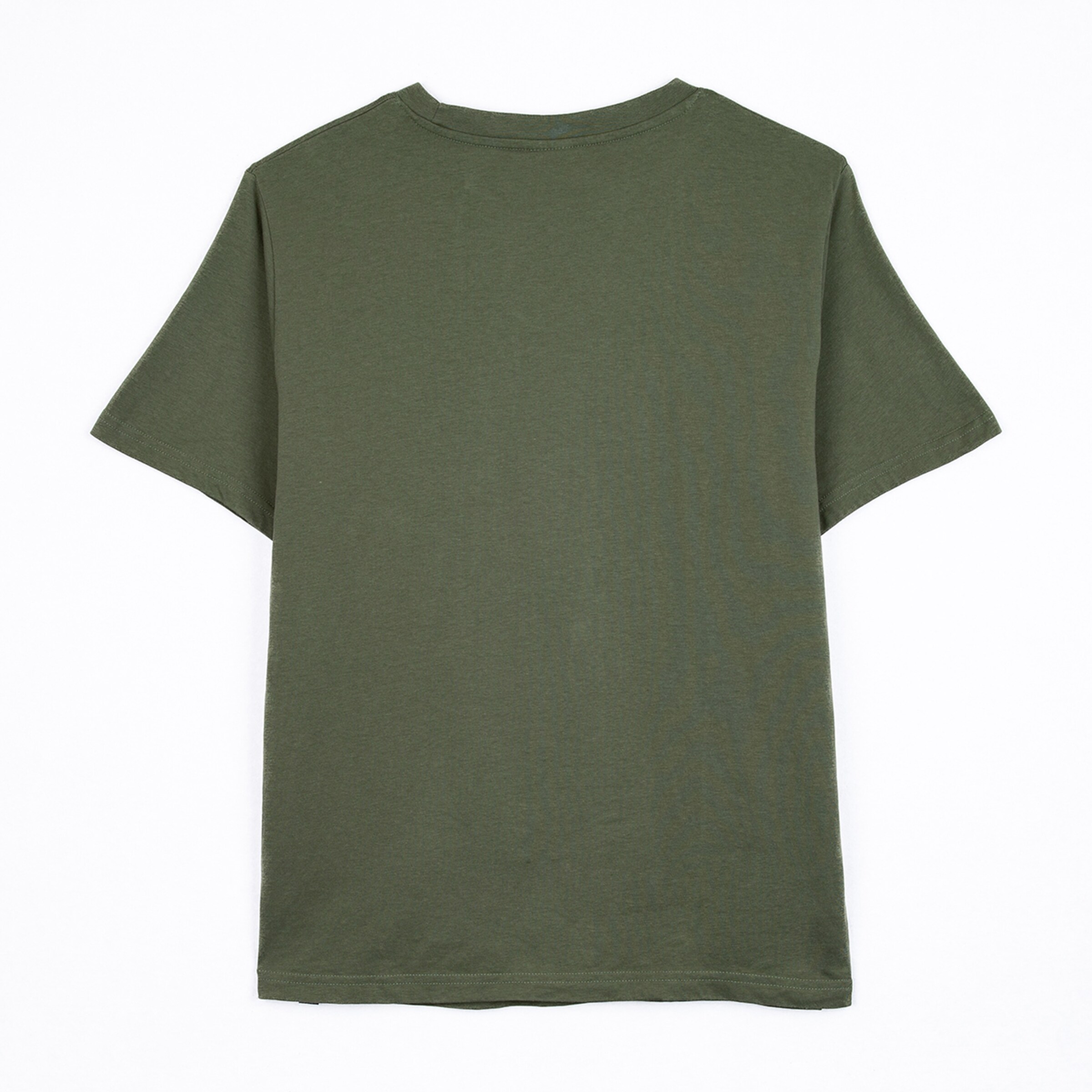 Rückansicht eines olivgrünen T-Shirts ohne Aufdruck.