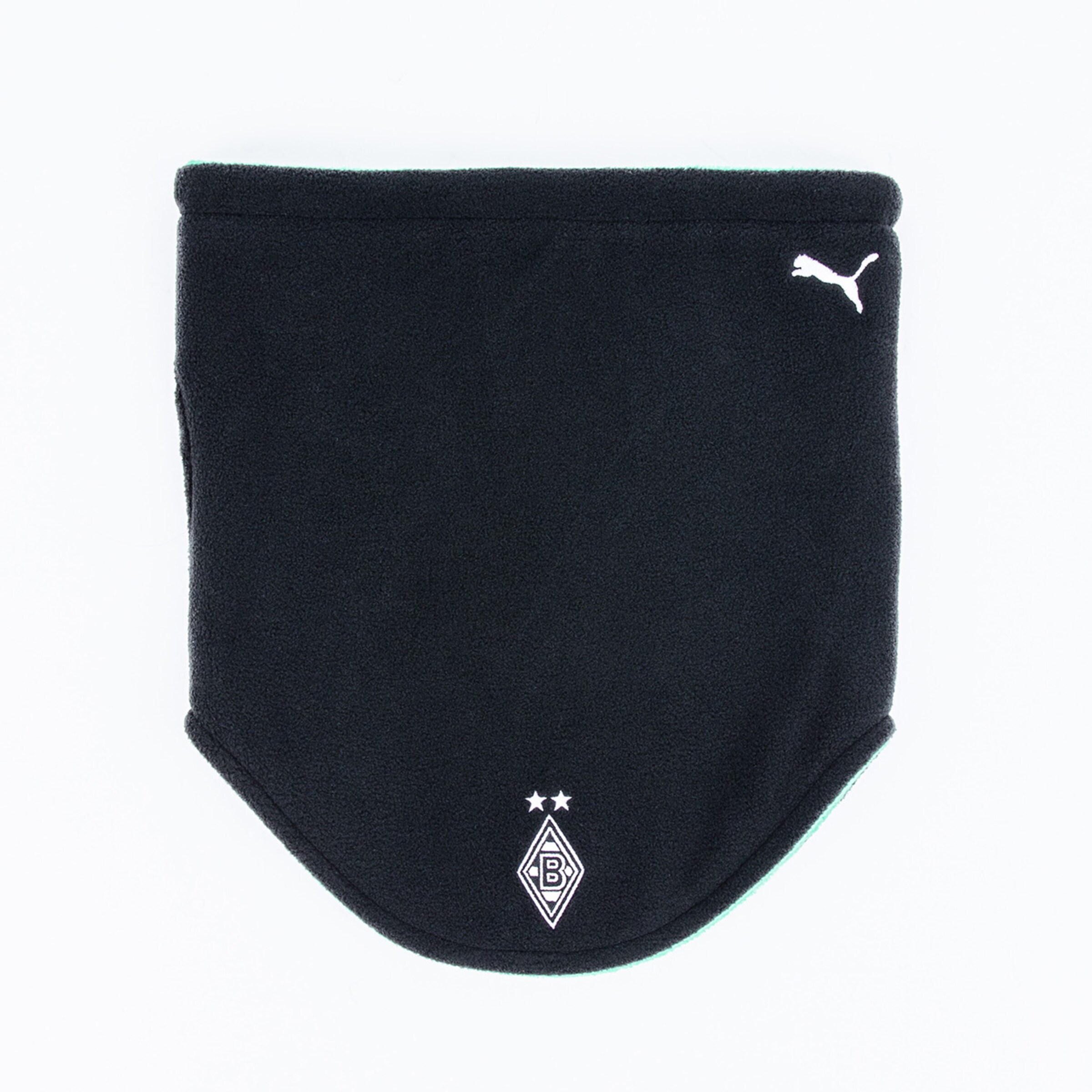 Schwarzer Halswärmer aus Fleece mit Logo von Borussia Mönchengladbach und Puma-Logo.