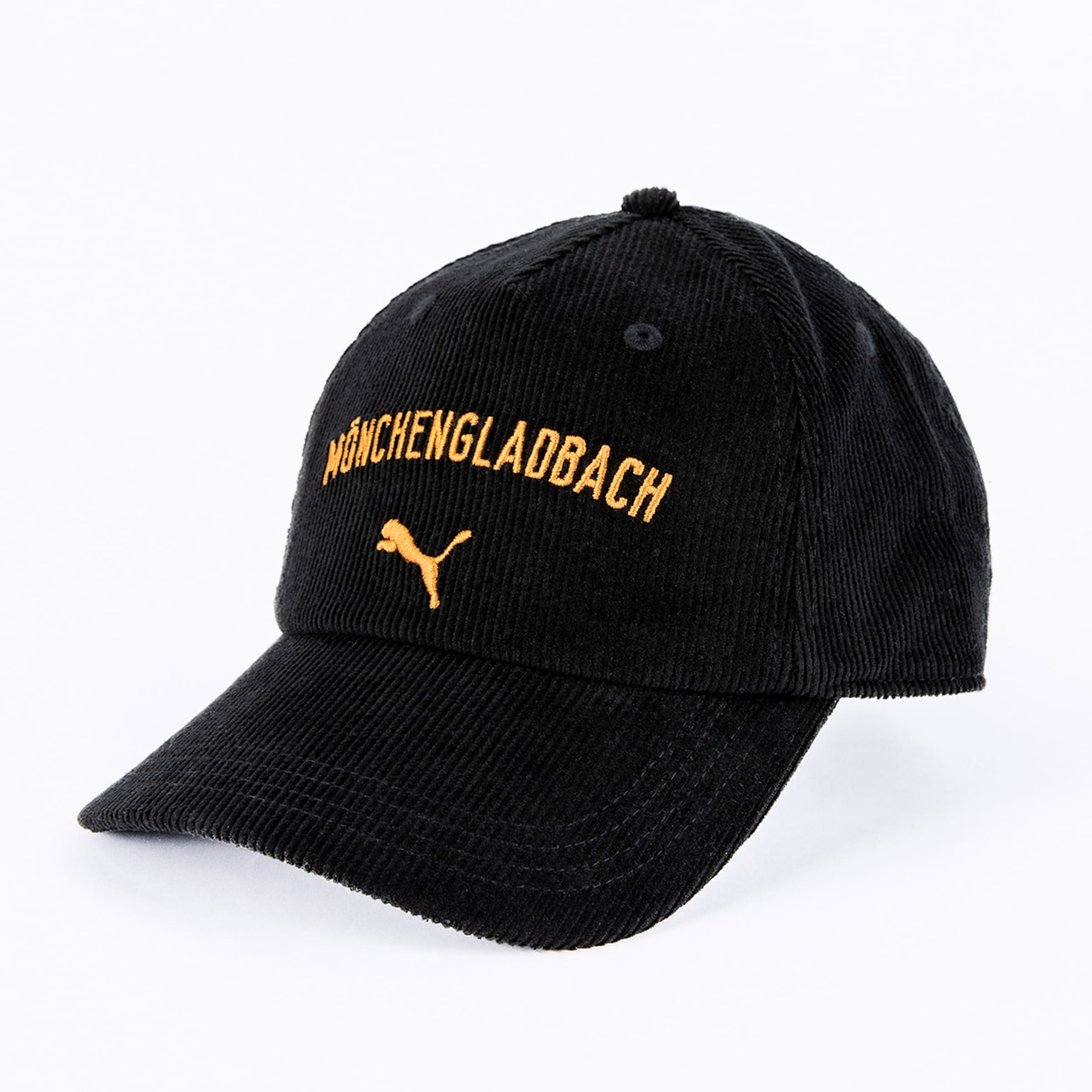 Schwarze Kord-Basecap mit goldenem „MÖNCHENGLADBACH“-Schriftzug und Puma-Logo auf weißem Hintergrund.