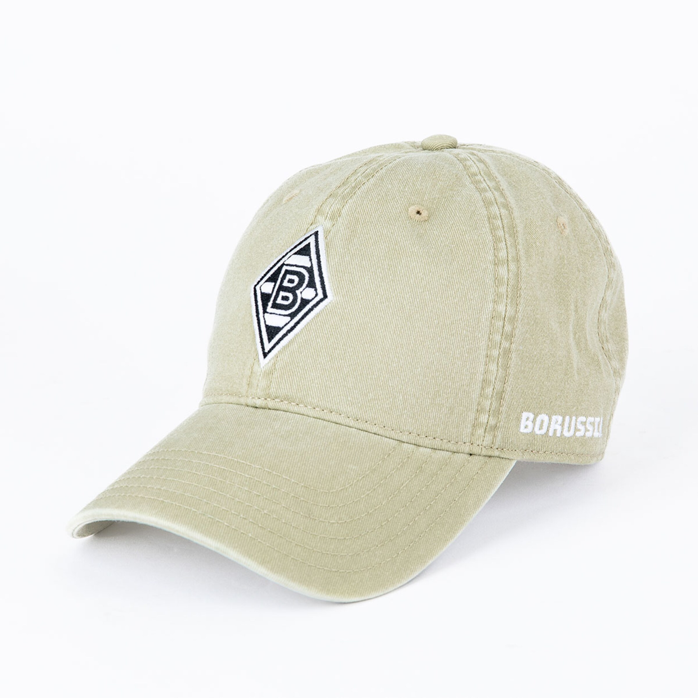 Beige Baseballmütze mit Borussia Mönchengladbach-Logo auf der Vorderseite und BORUSSIA auf der Seite.