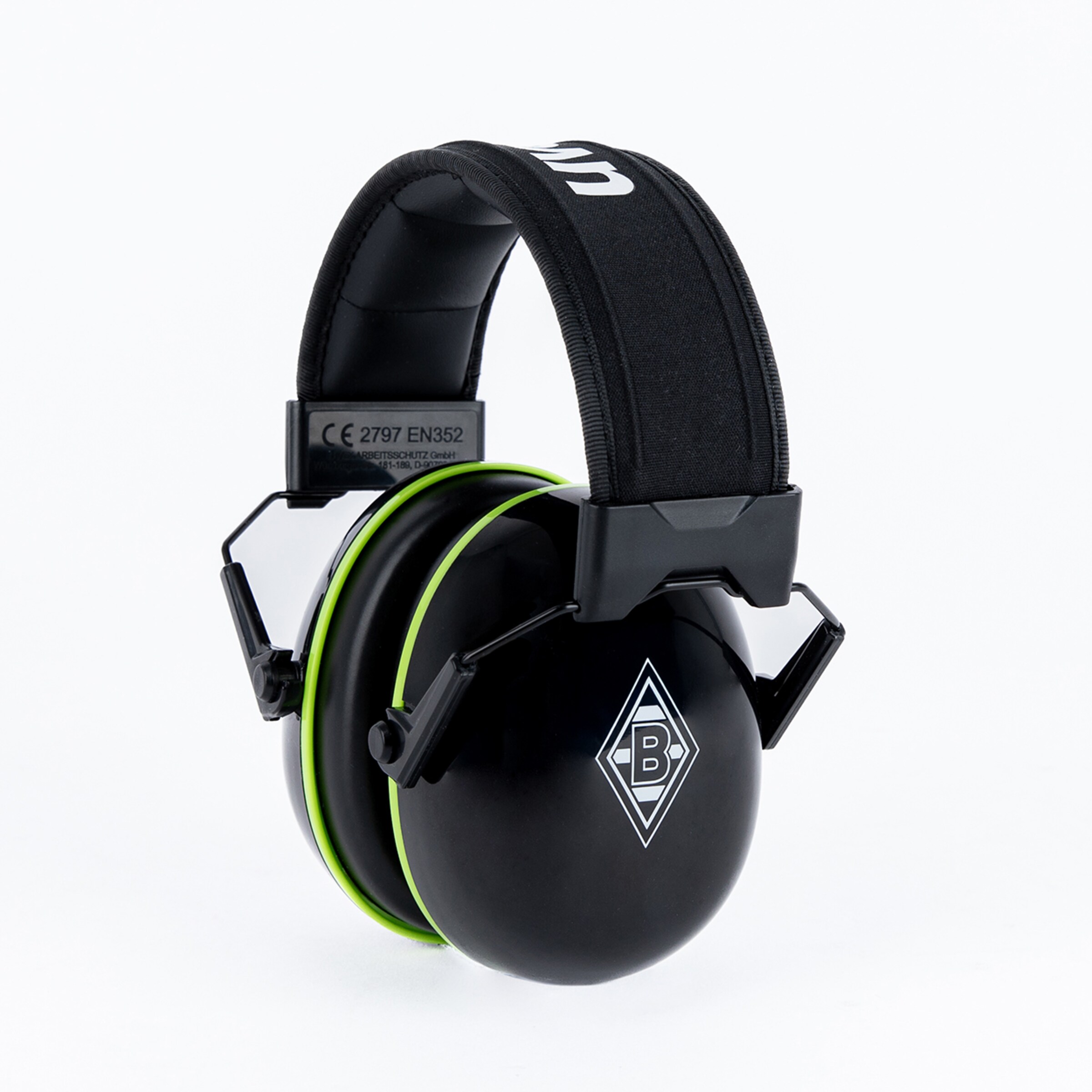 Black ear protection headphones with green accents and Borussia Mönchengladbach logo.