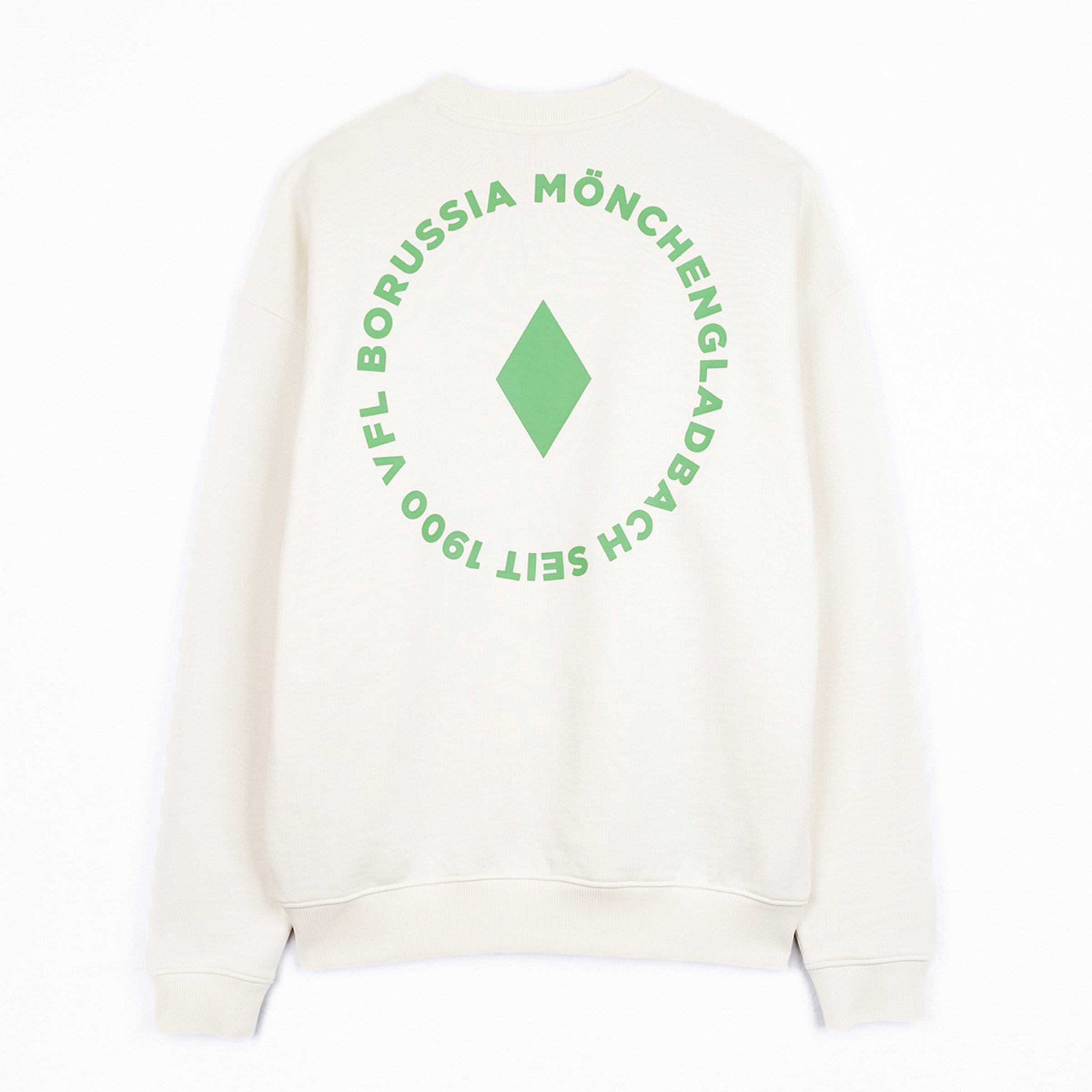 Beige Sweatshirt mit runder Aufschrift: BORUSSIA MÖNCHENGLADBACH VFL 1900 und grünem Diamanten.