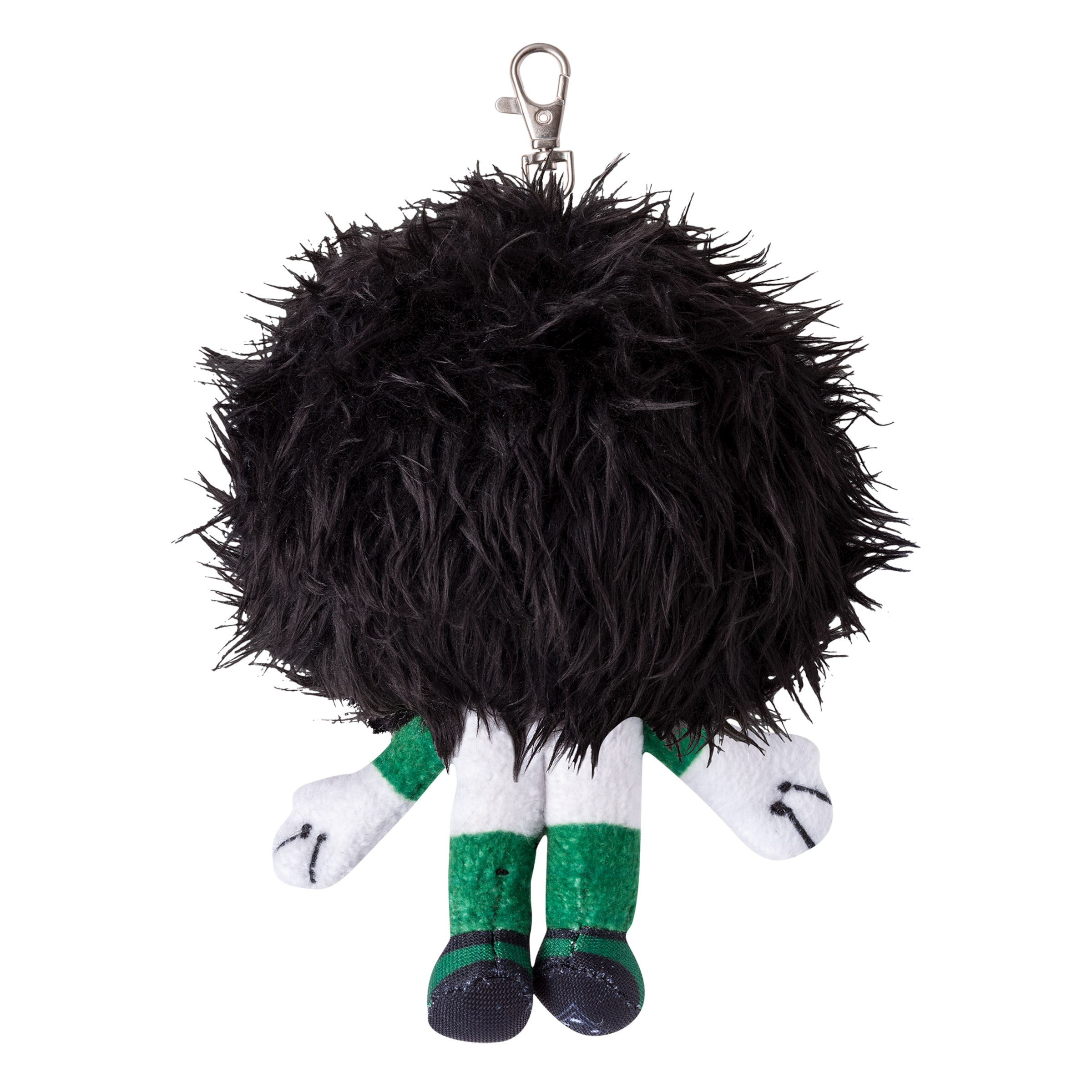 Back view of a plush keychain with large bushy black hair, a green and white sports uniform, and a silver lobster clasp.