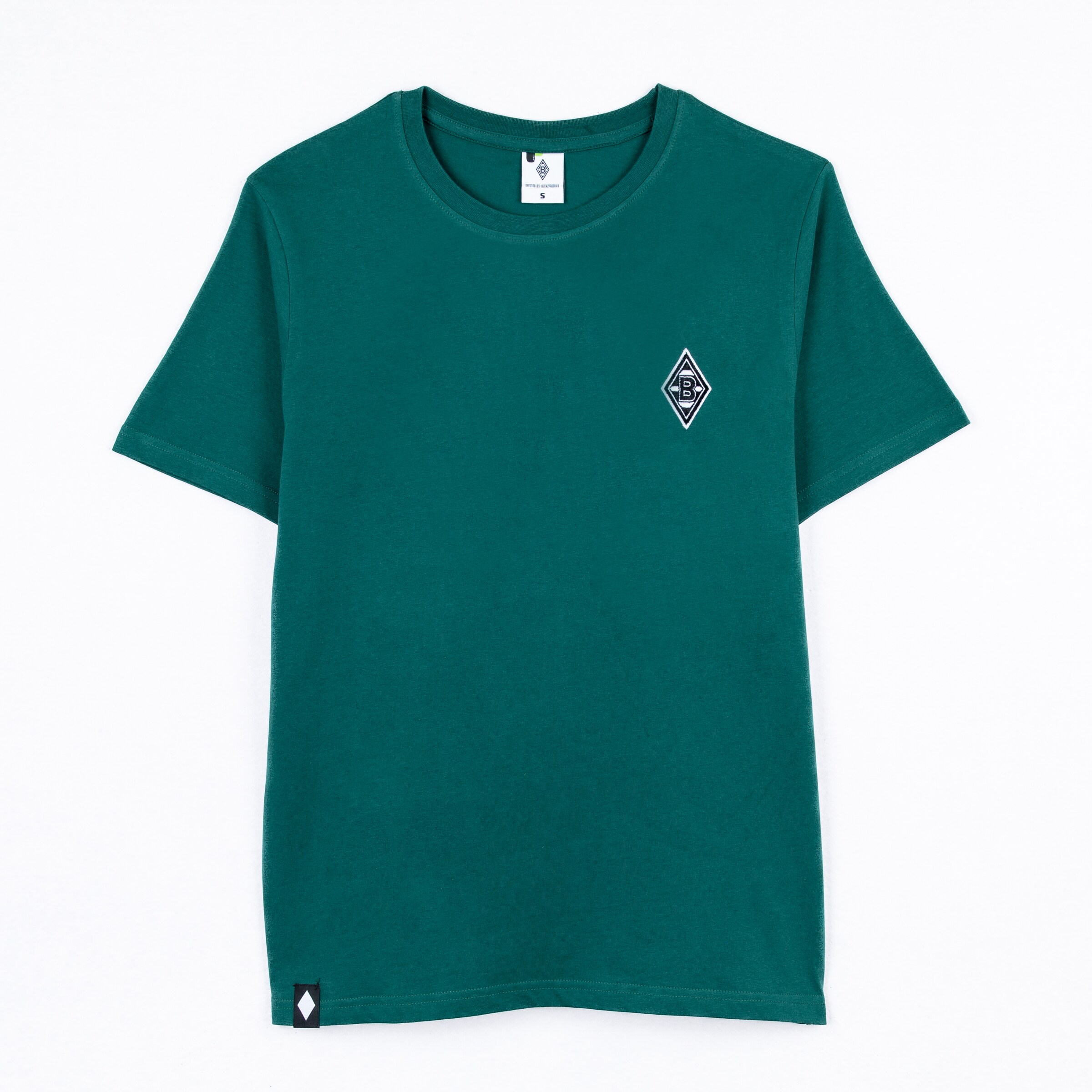 Grünes T-Shirt mit zentralem Logo in Form eines Rauten.