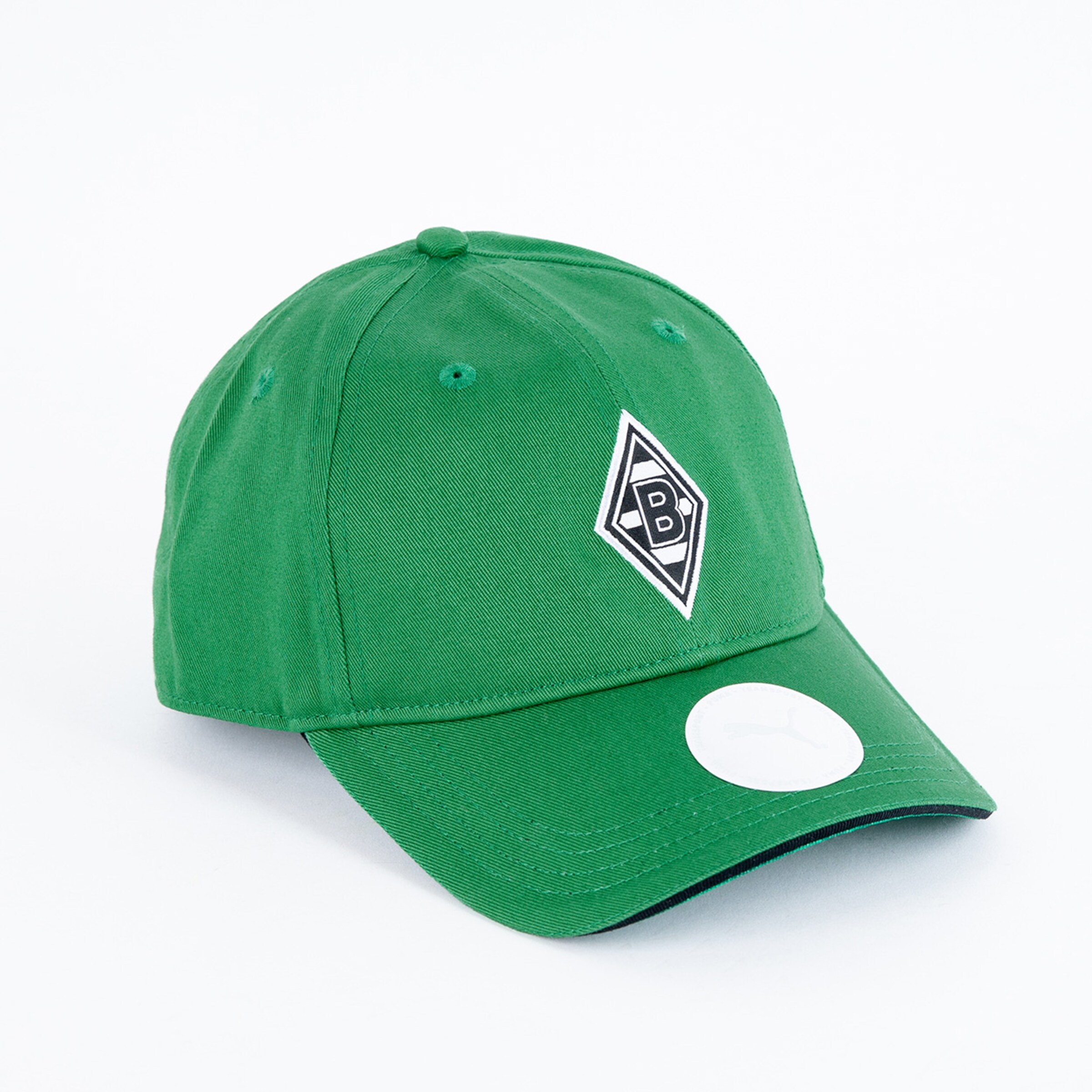 Green baseball cap with a logo on the front.