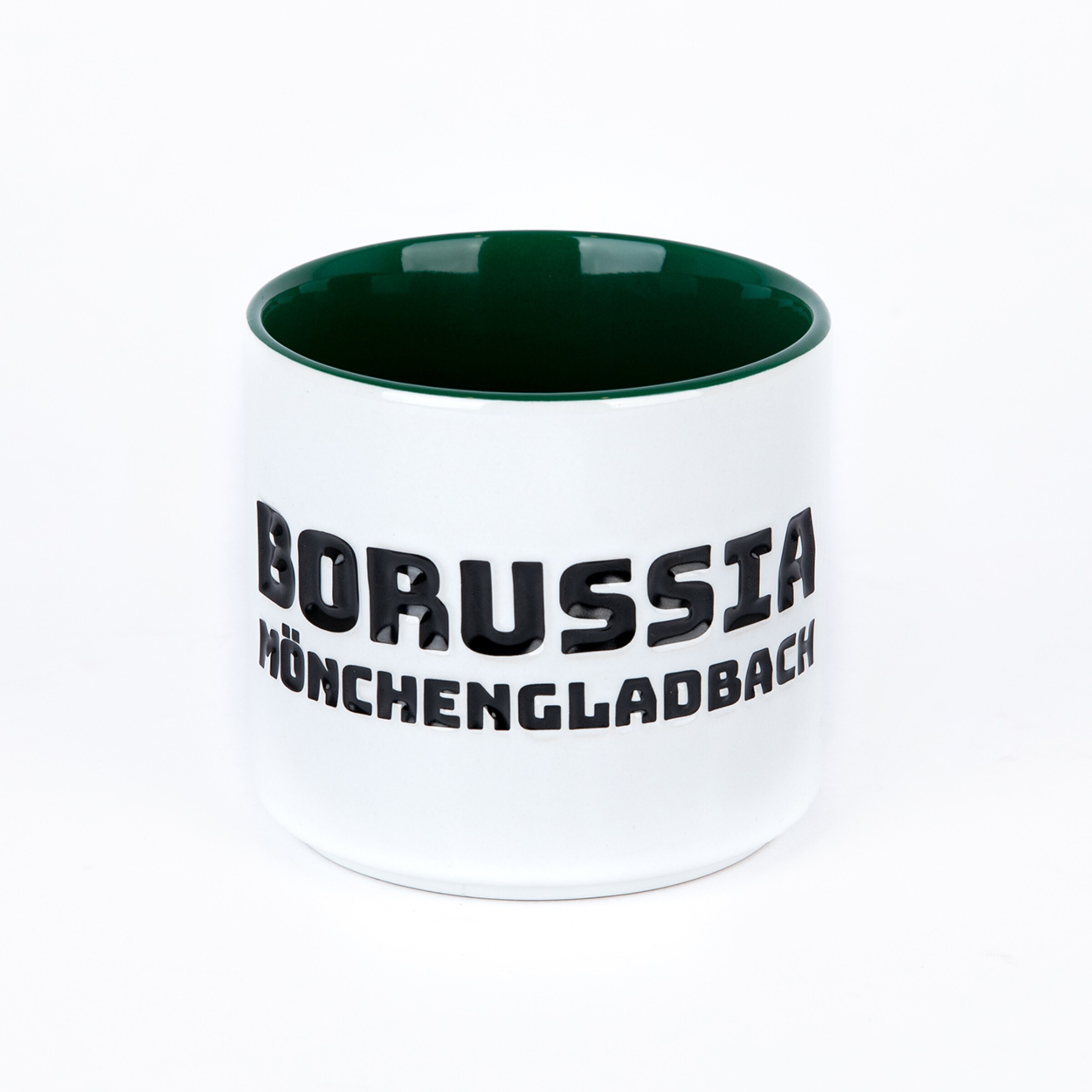 Tasse mit dem Text BORUSSIA MÖNCHENGLADBACH in schwarzer Schrift.
