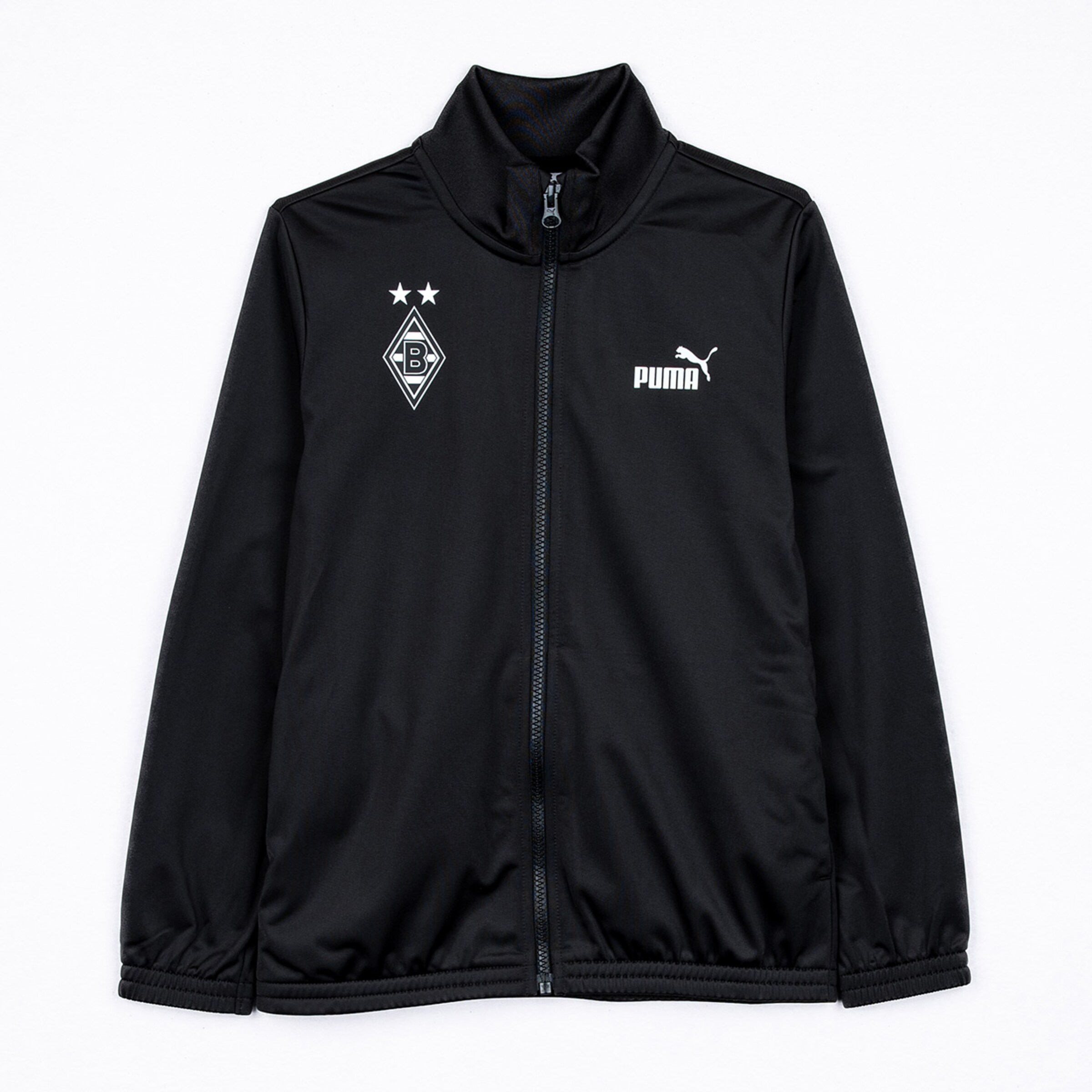 Black Puma Borussia Mönchengladbach track jacket with the club crest, two stars, and the Puma logo on the chest.