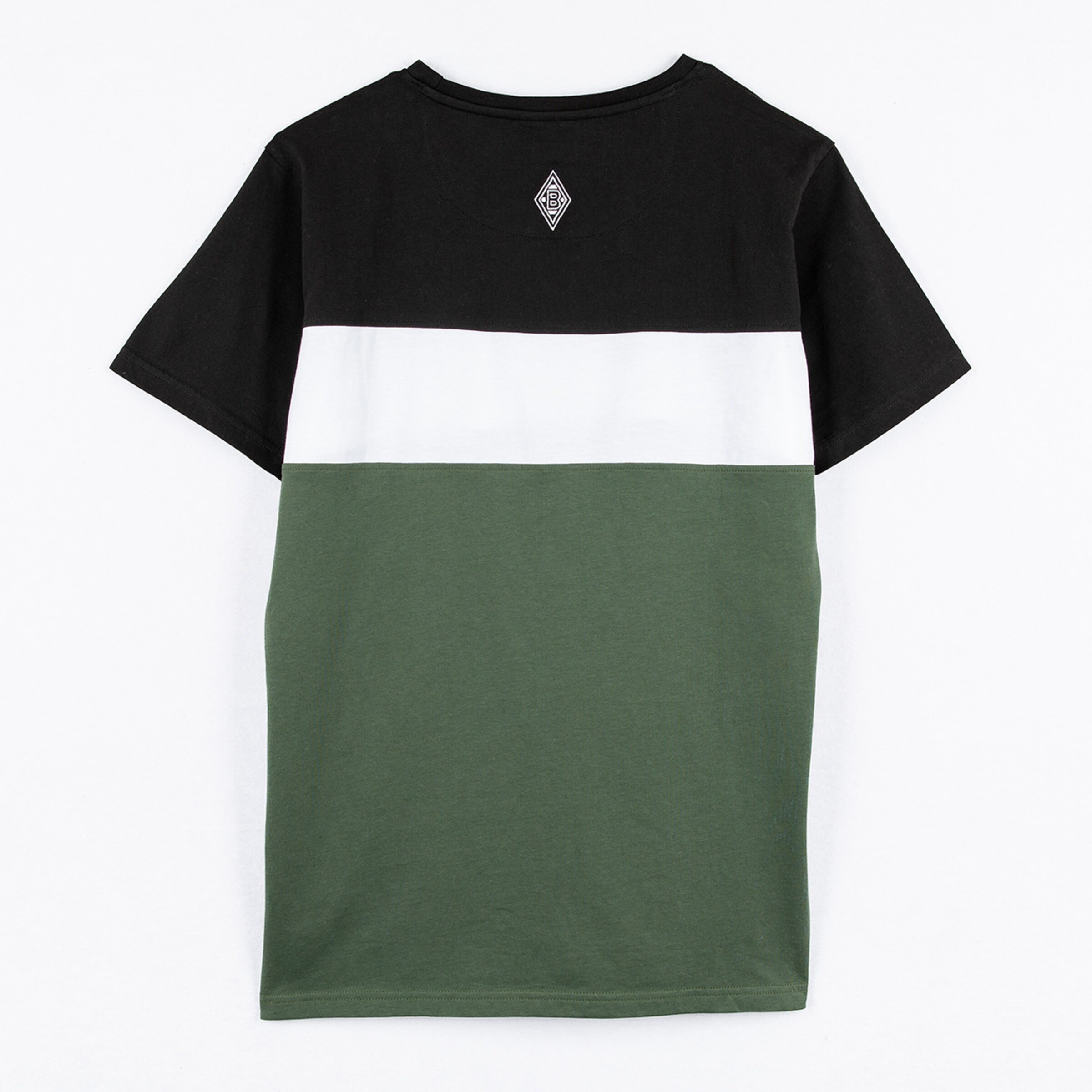 T-Shirt mit schwarzen weißen und grünen Blockfarben Rückansicht.