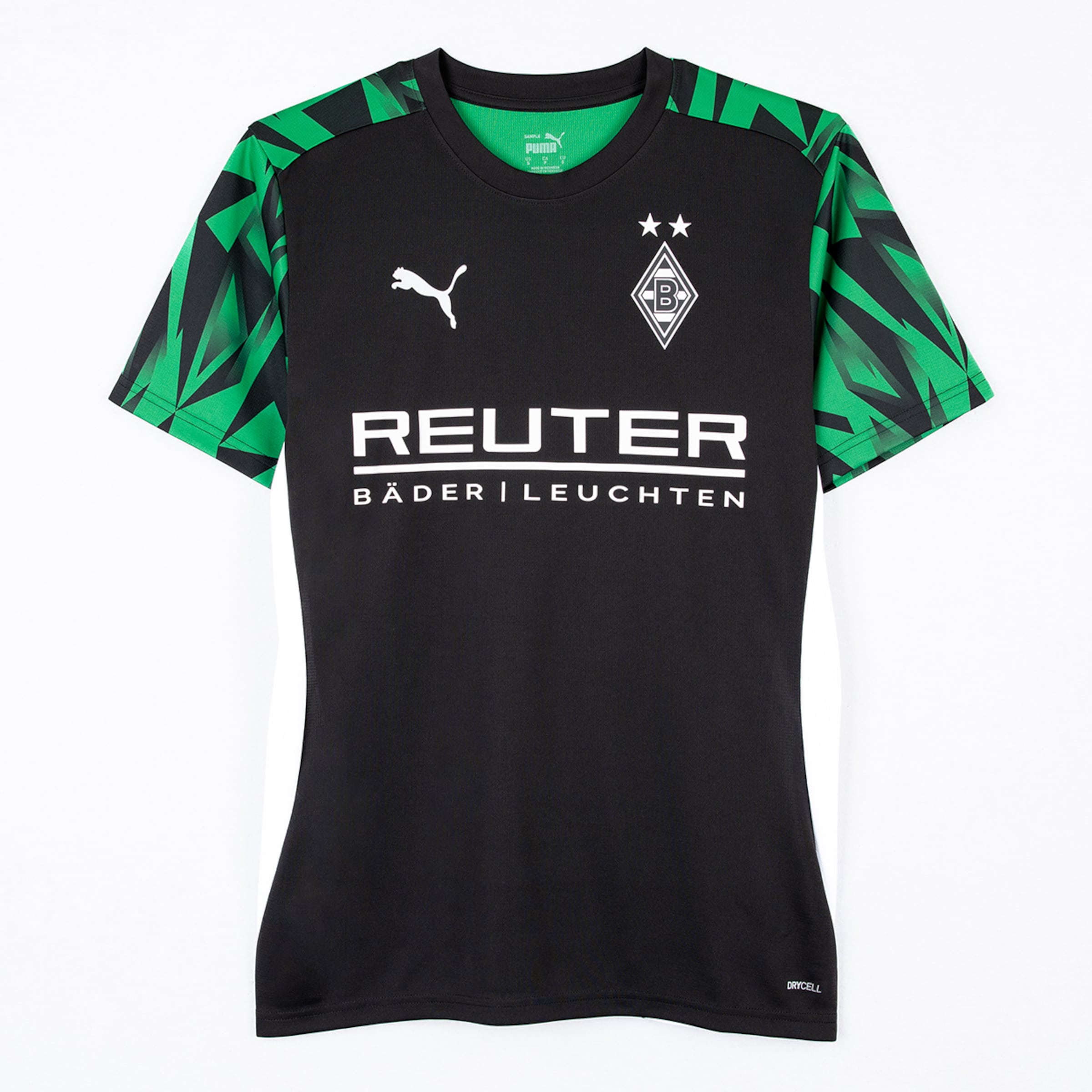 Schwarzes Puma-Trikot von Borussia Mönchengladbach mit grün gemusterten Ärmeln, weißem Reuter-Sponsorenlogo und Vereinswappen.