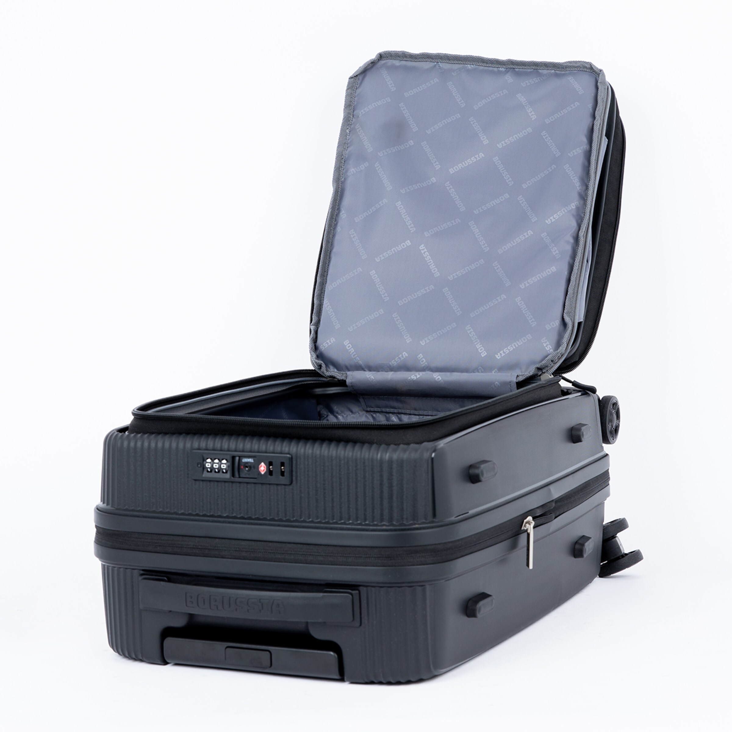Black hard-shell suitcase with open lid and gray patterned interior.