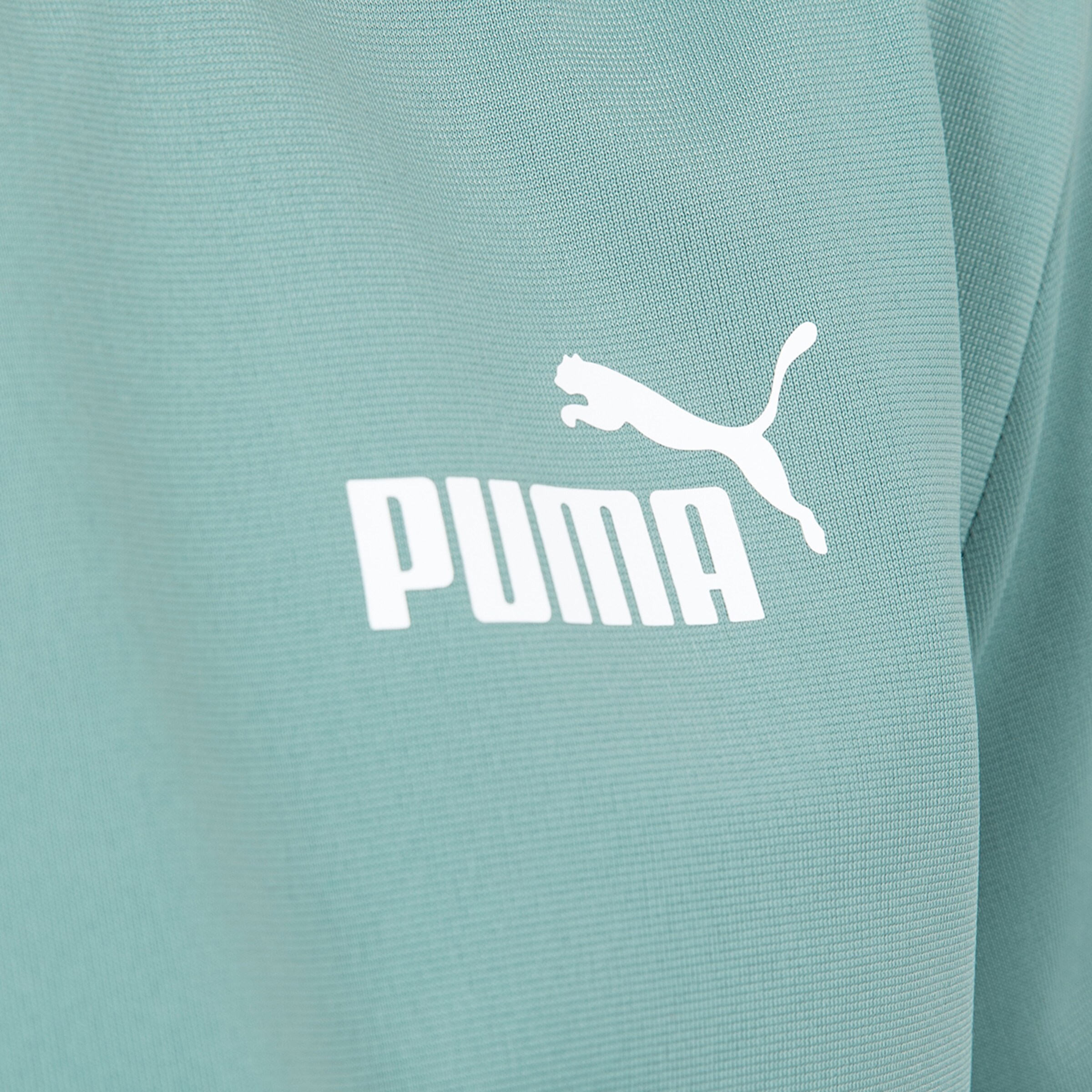 Logo von Puma in weiß auf einem mintgrünen Stoff.