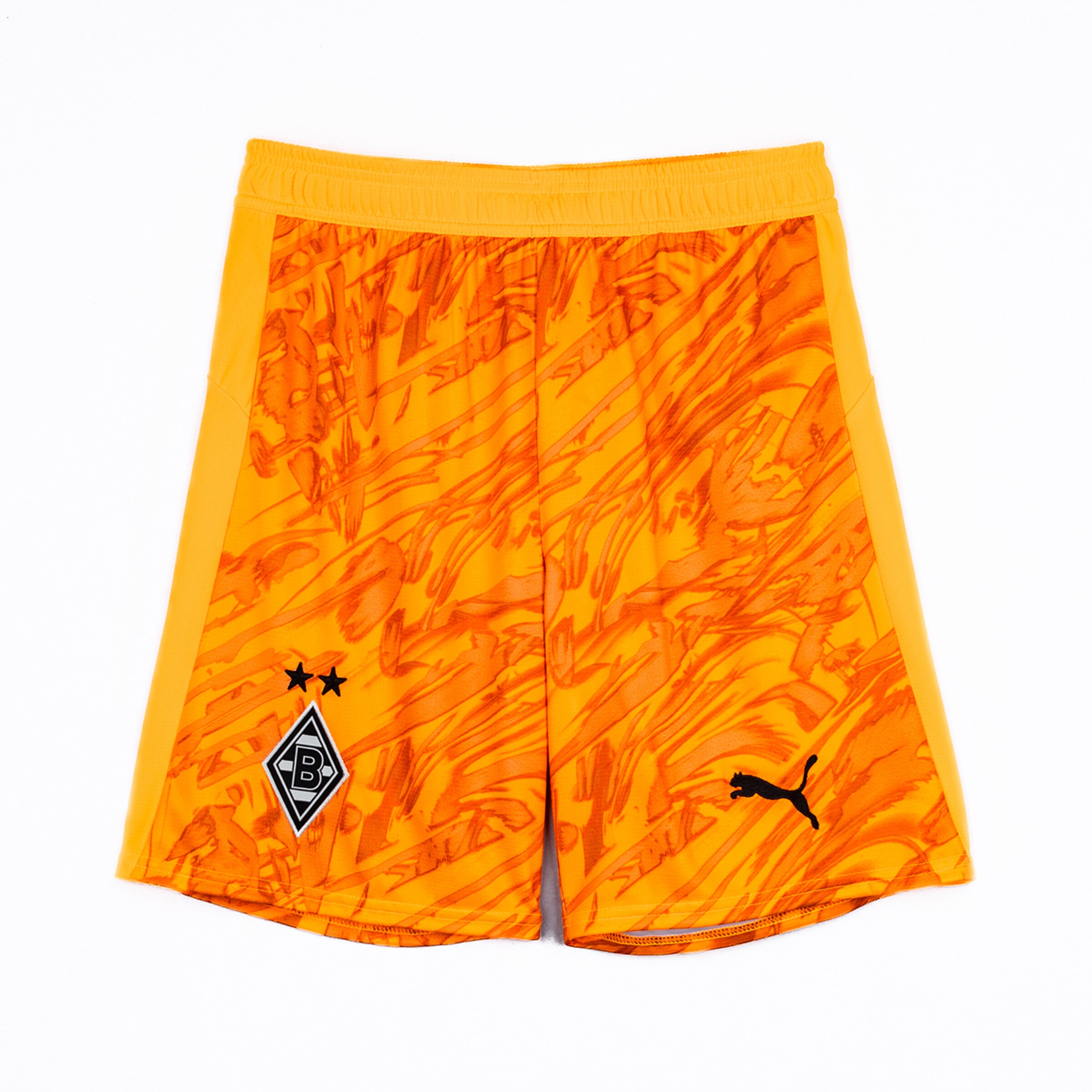 Sporty goalkeeper shorts in yellow with a graphic pattern and Borussia Mönchengladbach logo.