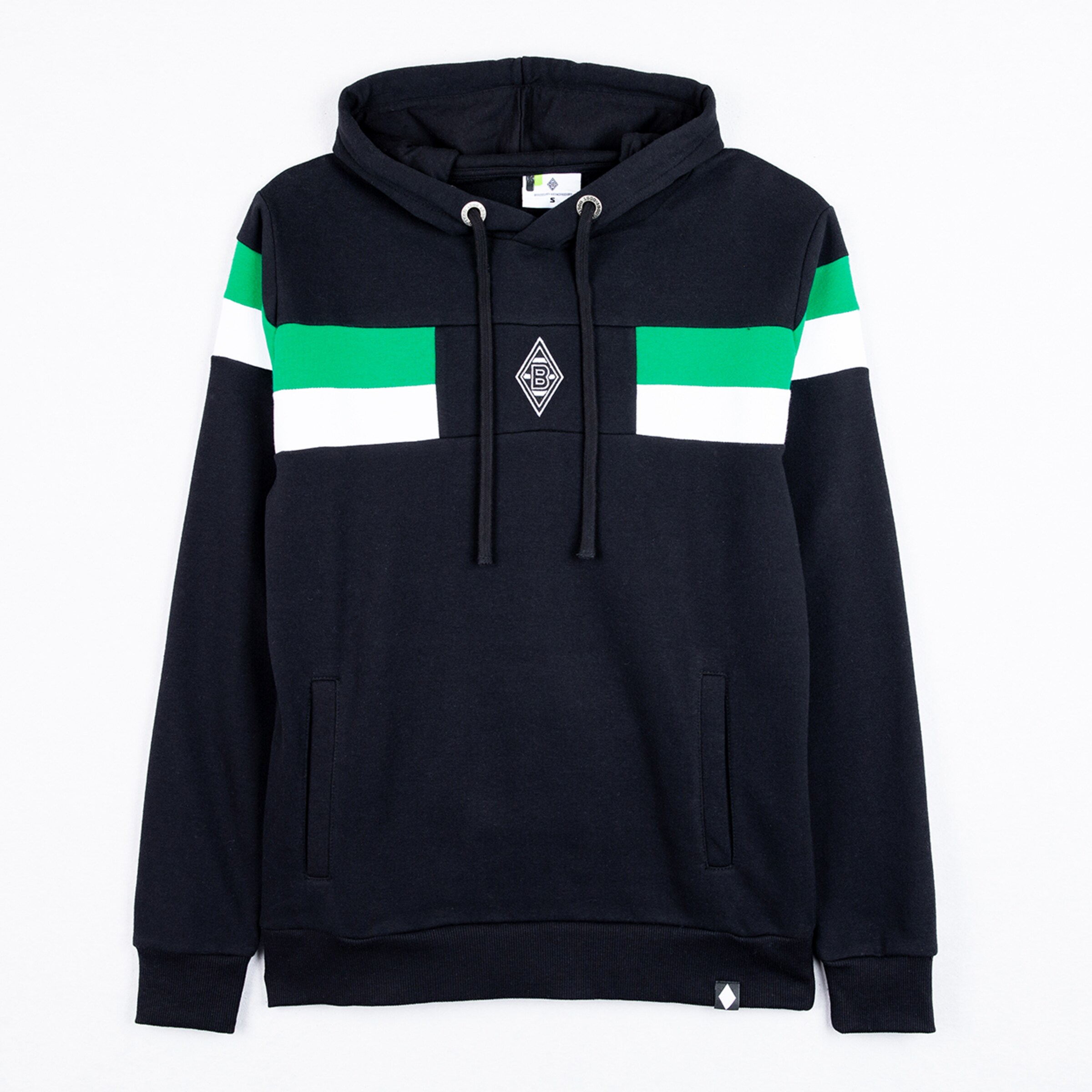 Schwarzer Hoodie mit grün-weißen Blockstreifen, Borussia Mönchengladbach Raute auf der Brust und Kapuze mit Kordelzug.
