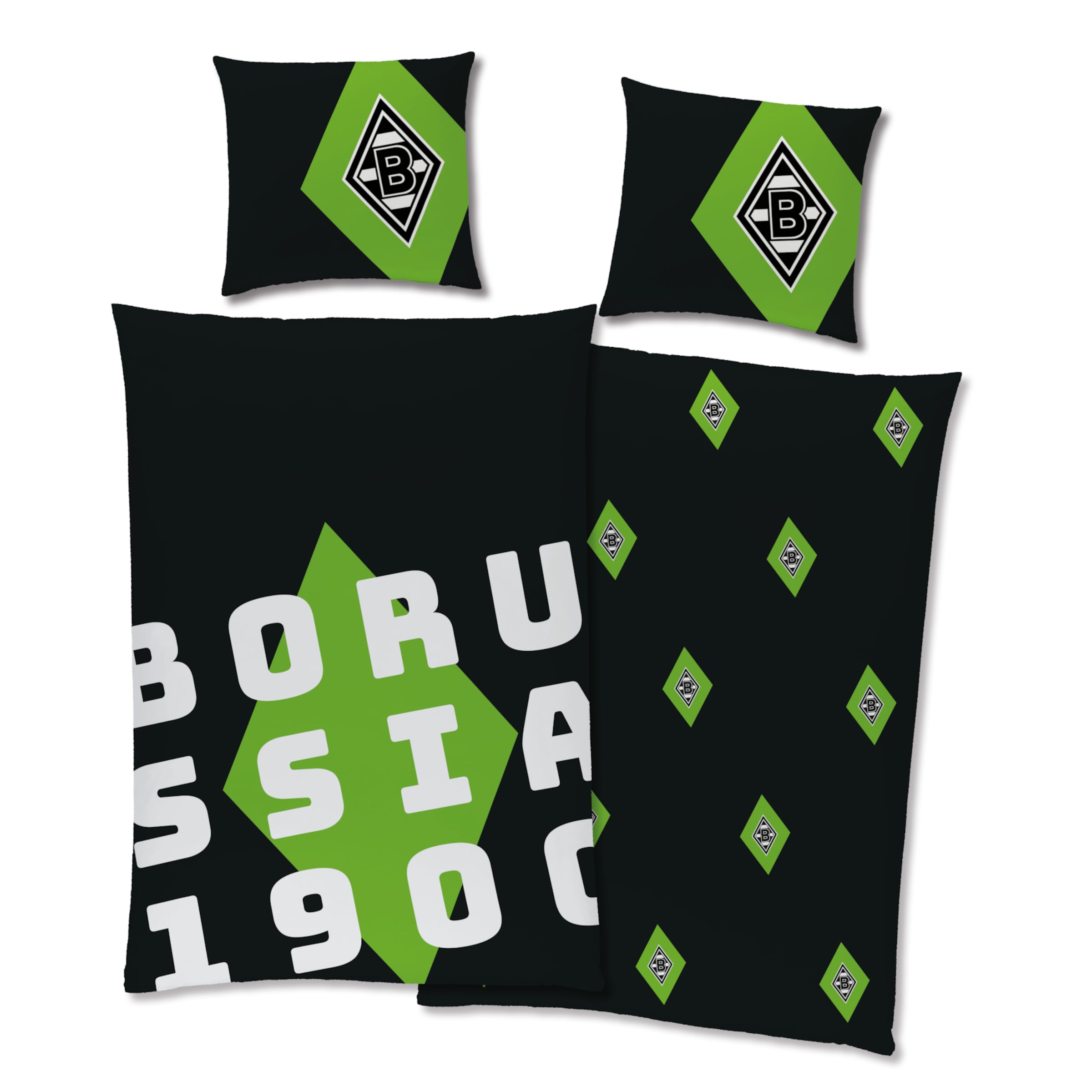 Bettwäsche-Set mit Borussia Mönchengladbach-Logo und Schriftzug BORUSSIA 1900 in Weiß und Grün.