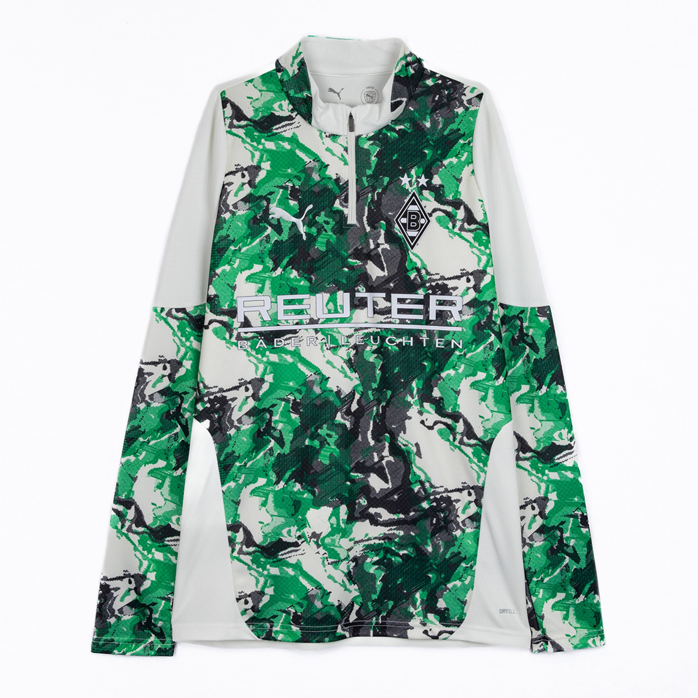 Langarmshirt mit grünem und weißem Camouflage-Muster Markenzeichen von Borussia Mönchengladbach.