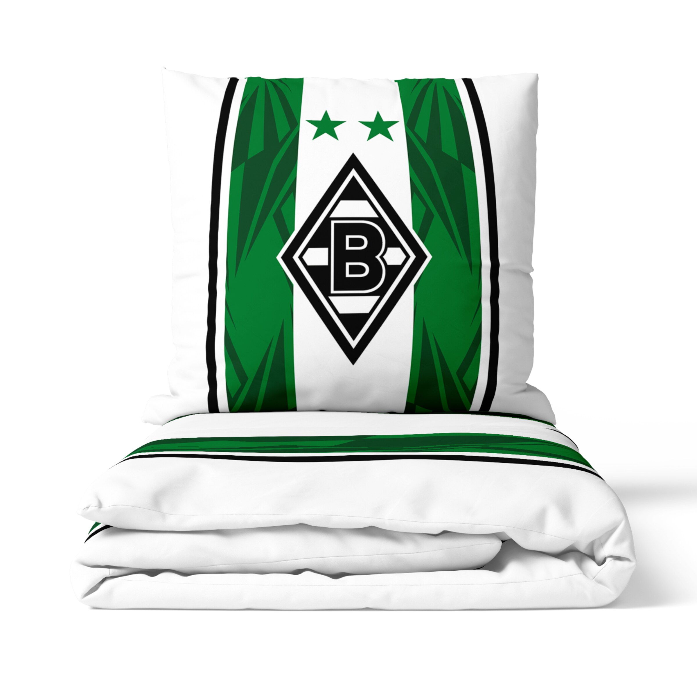 Borussia Mönchengladbach Bettwäsche-Set: Weißes Kissen und Decke mit Vereinslogo, zwei grünen Sternen und geometrischen grün-schwarzen Streifen.