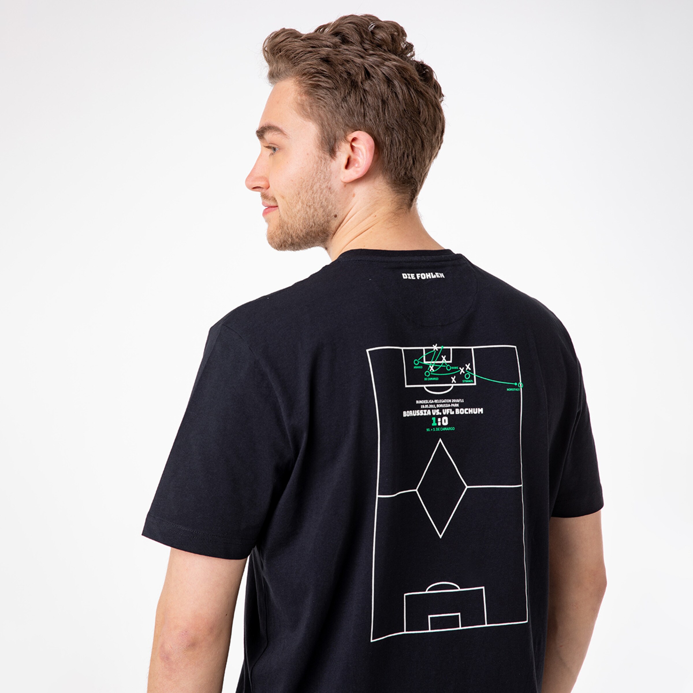 Man in black t-shirt back view shows field design and text.