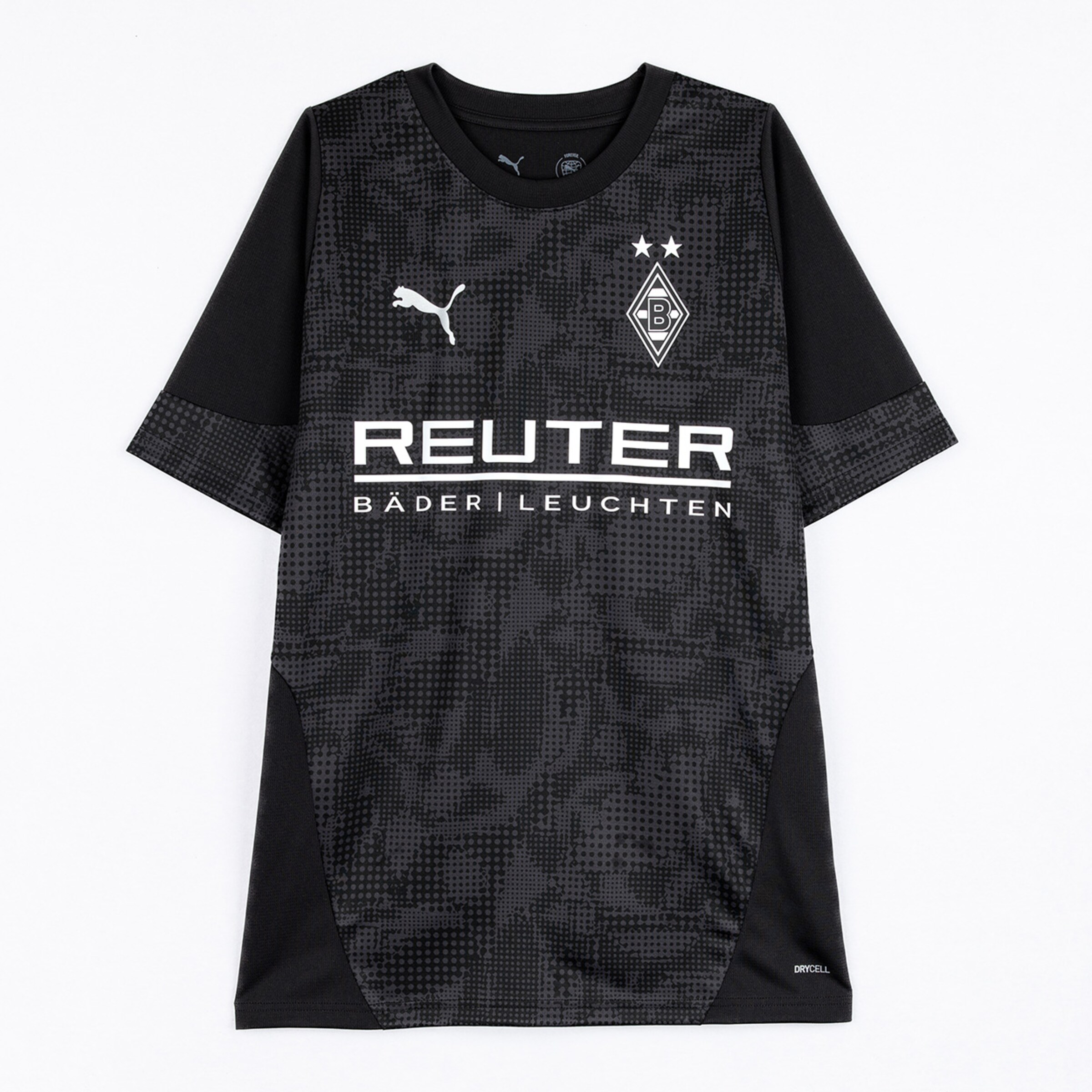 Schwarzes Fußballtrikot von Borussia Mönchengladbach mit Logo und Sponsoraufdruck.