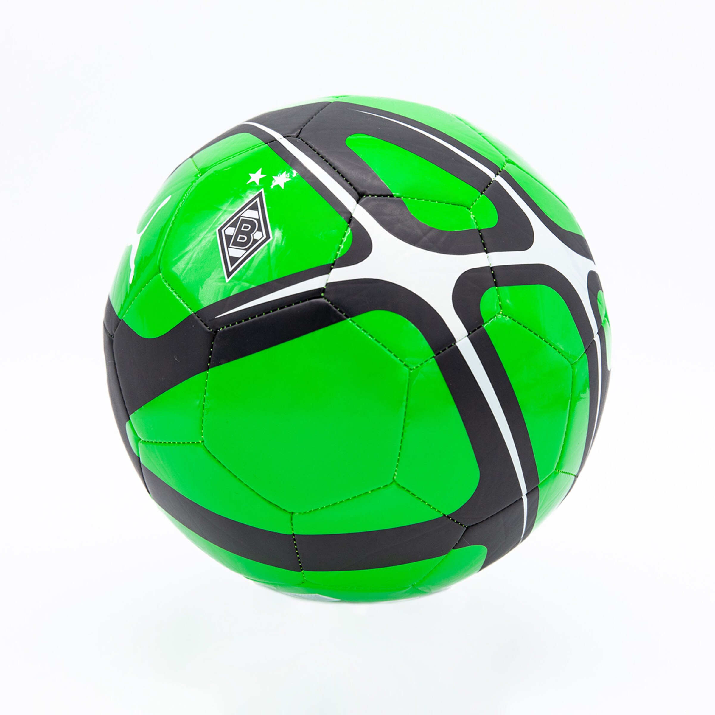 Grüner Fußball mit dem Borussia Mönchengladbach-Logo und schwarzen Akzenten.