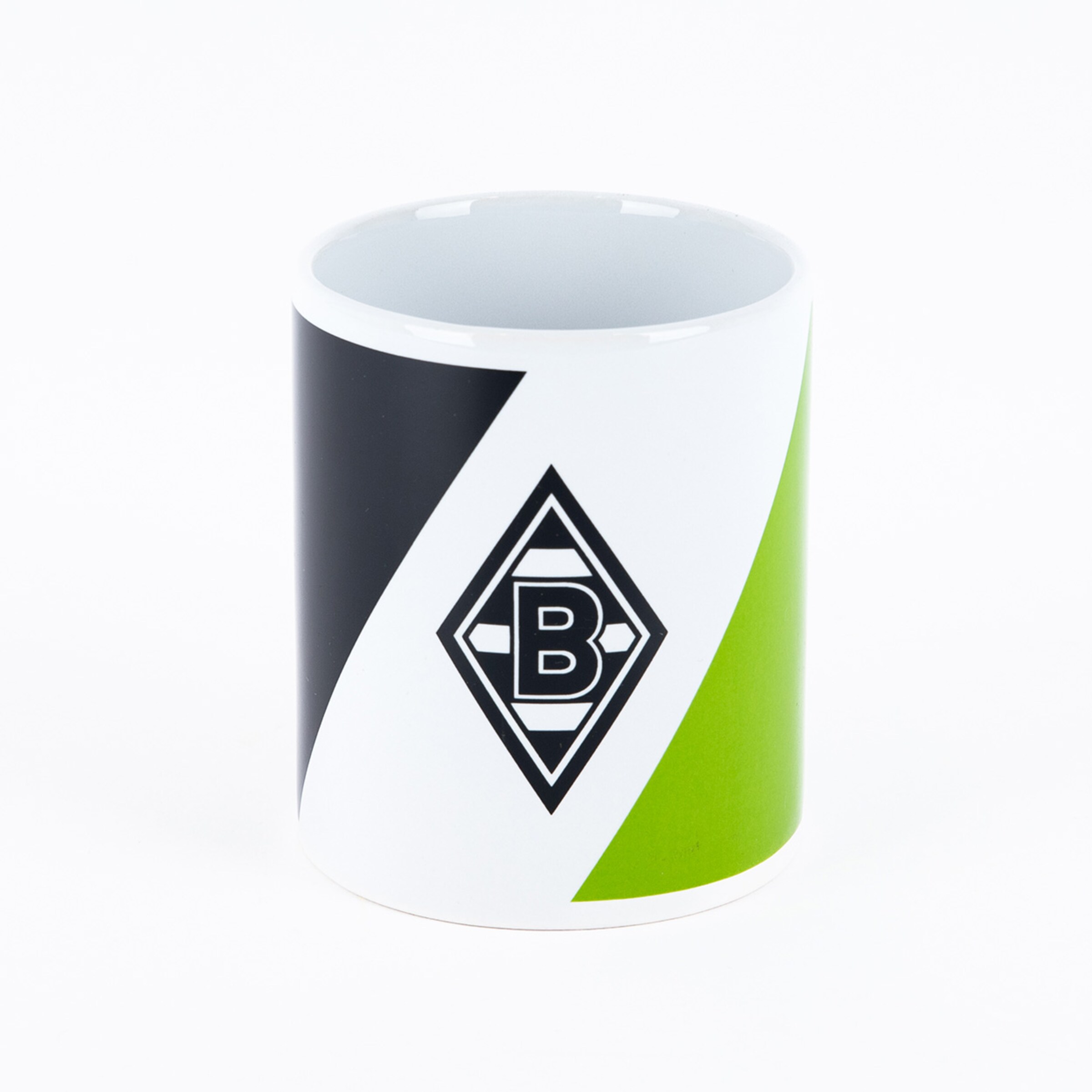 White mug featuring Borussia Mönchengladbach logo with diagonal design in black and green.