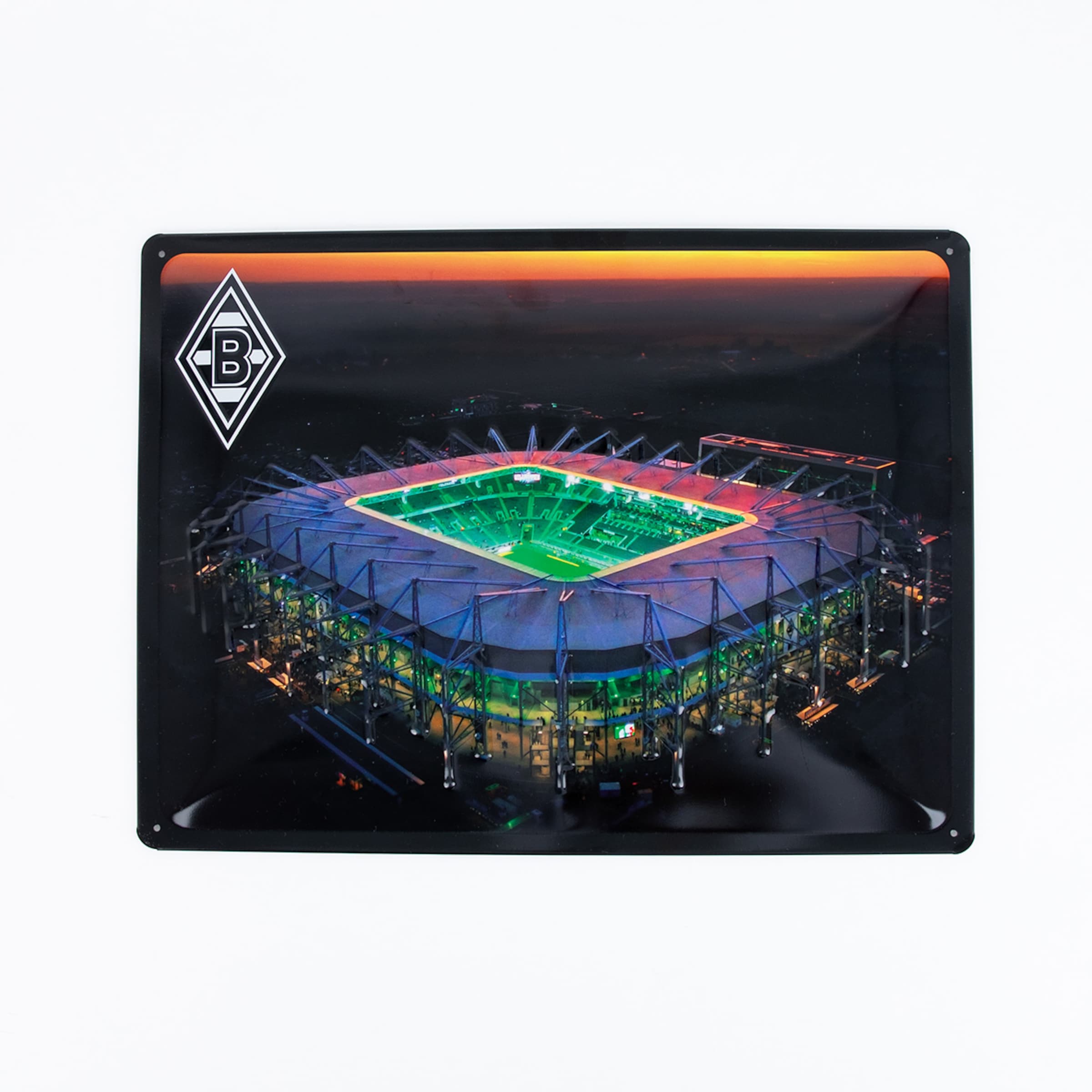 Aerial view of Borussia Mönchengladbachs stadium at night illuminated.