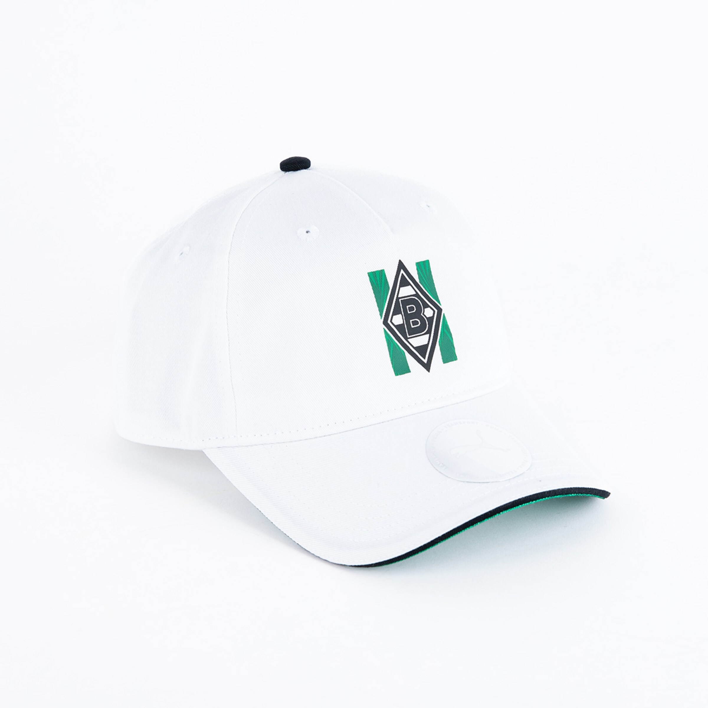 White baseball cap featuring Borussia Mönchengladbach logo on the front with green accent.