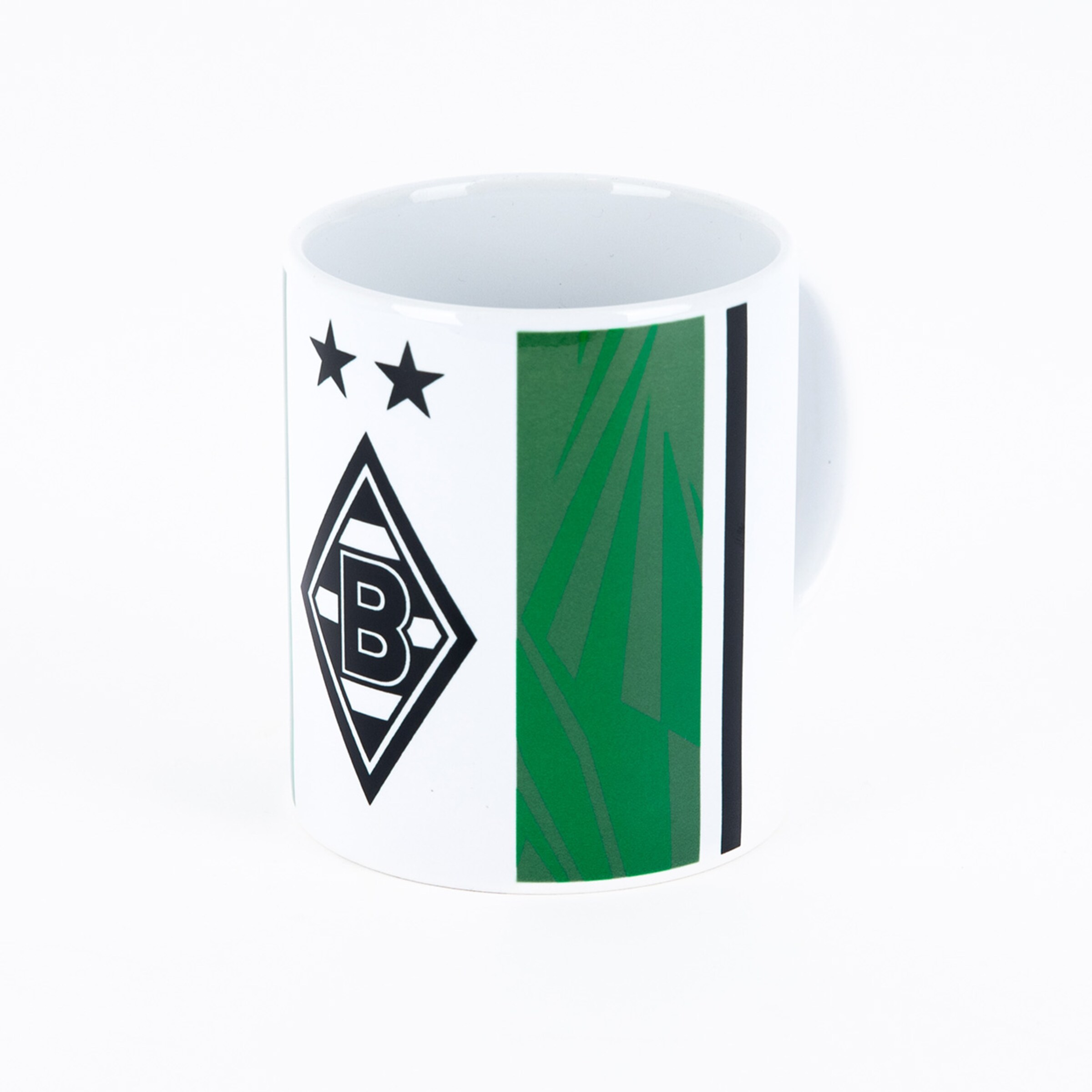 Weißer Becher mit dem Borussia Mönchengladbach Logo und zwei Sternen.