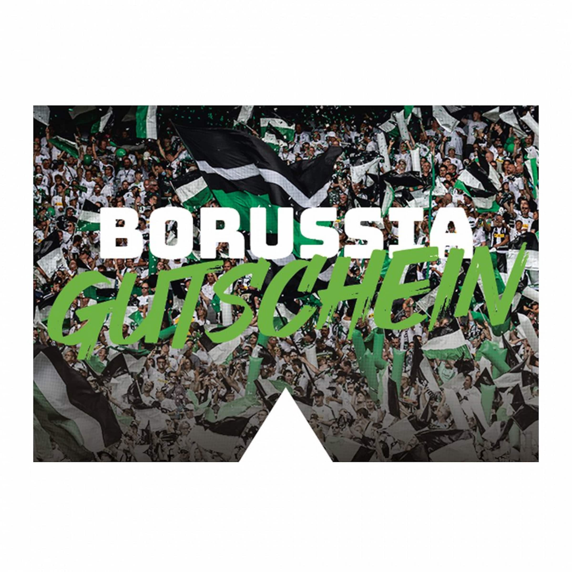 Banner mit dem Text BORUSSIA GUTSCHEIN über jubelnden Fans mit schwarz-weißen und grünen Fahnen.