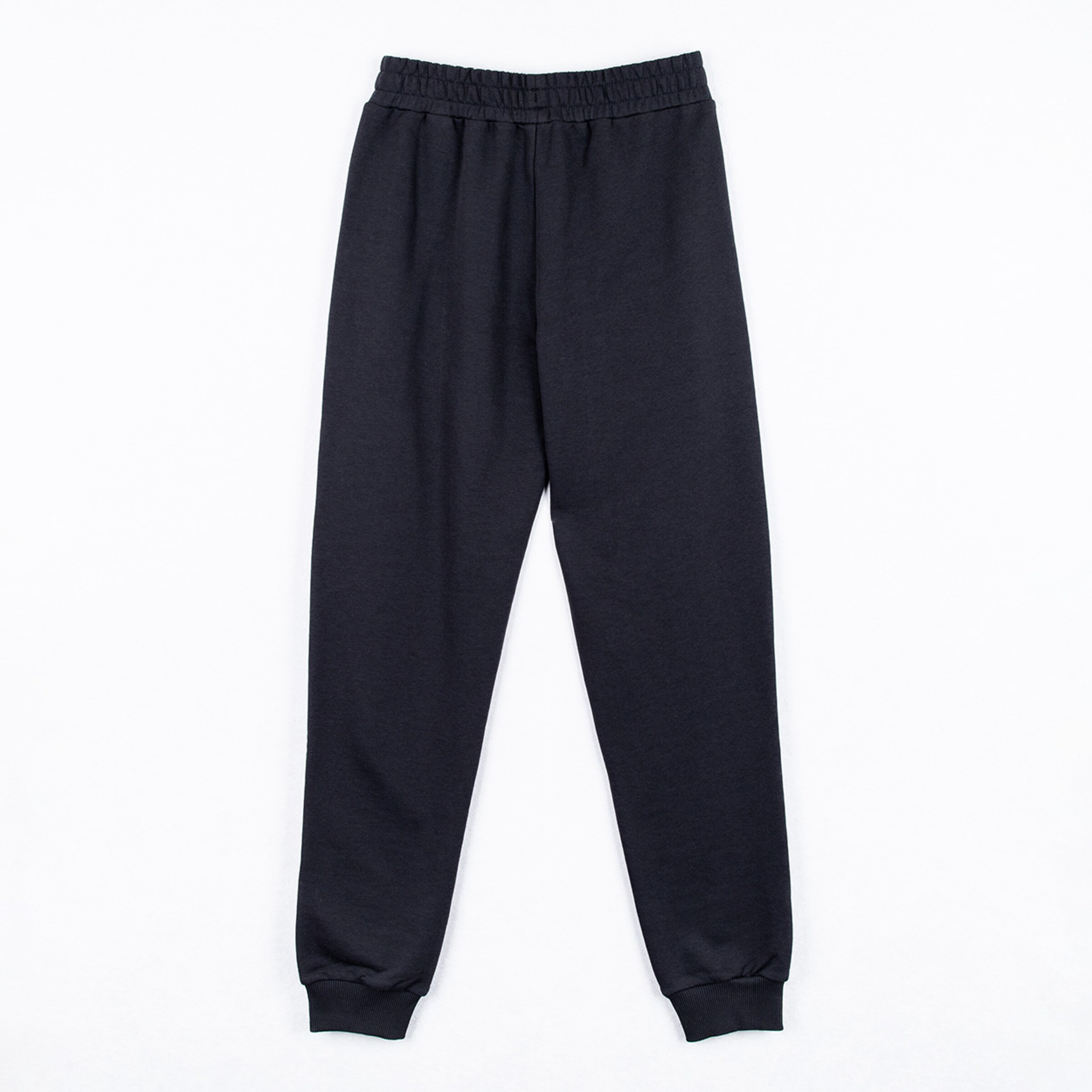 Dark gray sweatpants with elastic waistband and cuffs.