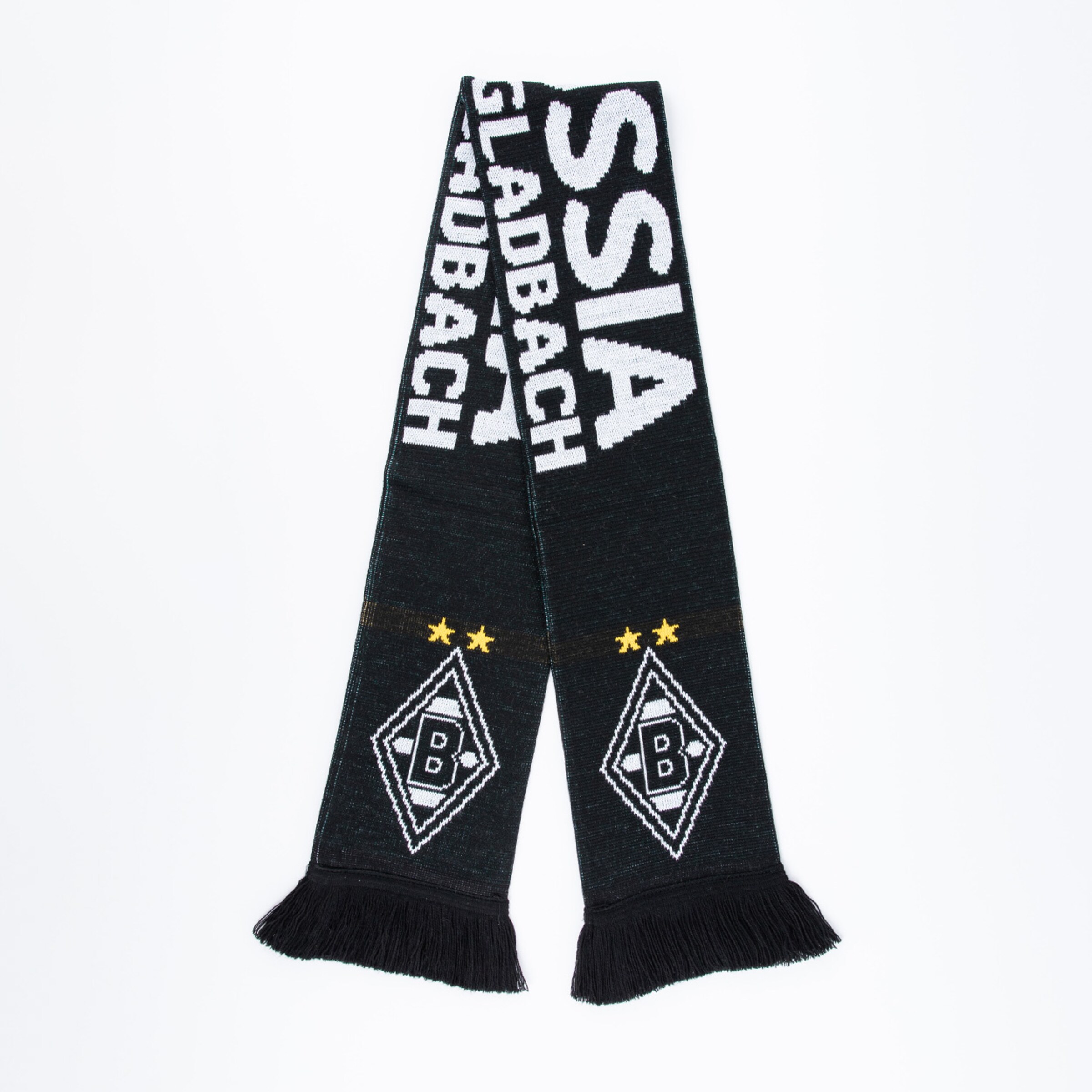 Schal mit dem Schriftzug BORUSSIA MÖNCHENGLADBACH und zwei gelben Sternen.