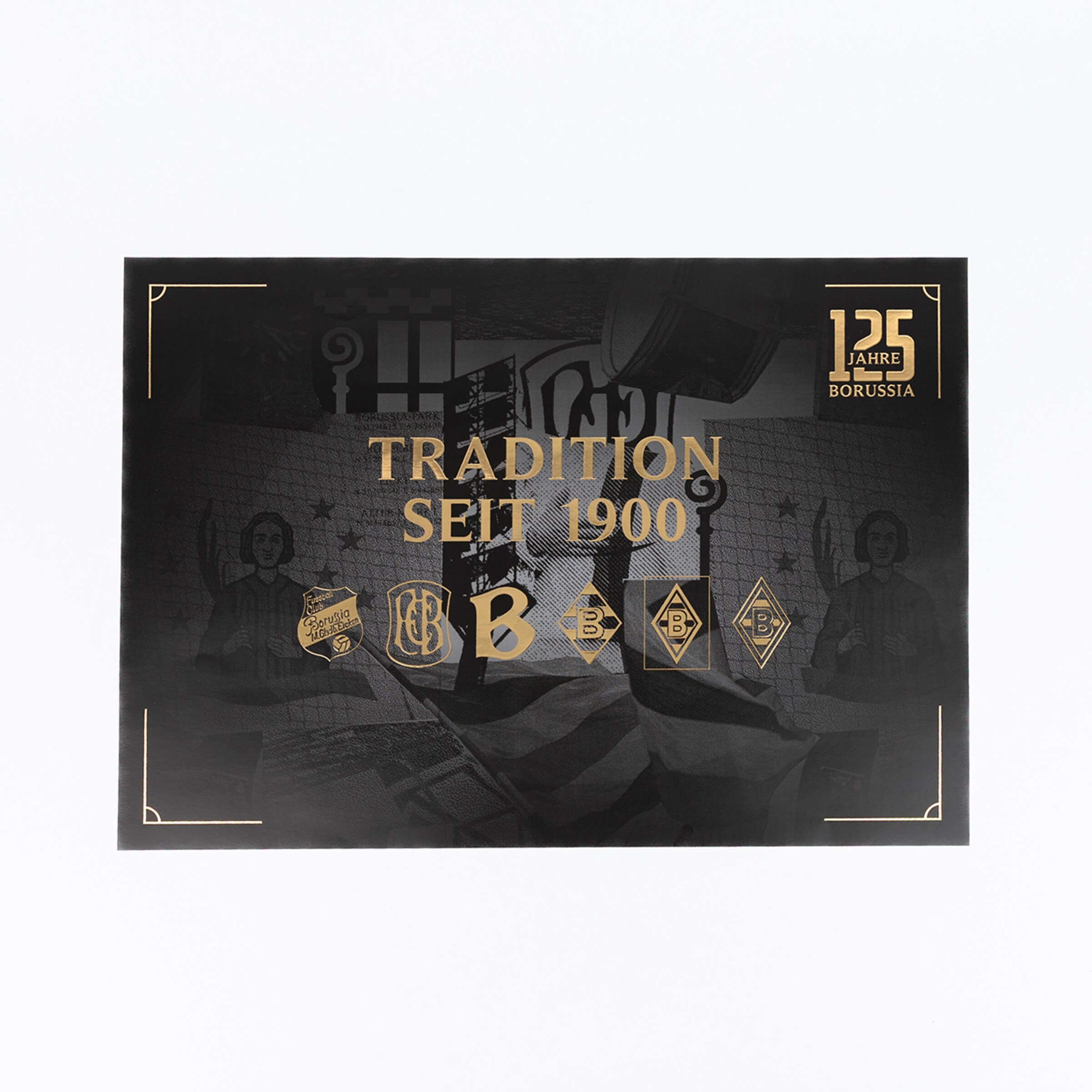 Schwarze Karte mit goldenem Aufdruck: „TRADITION SEIT 1900“, „125 JAHRE BORUSSIA“ und historischen Logos von Borussia Mönchengladbach.