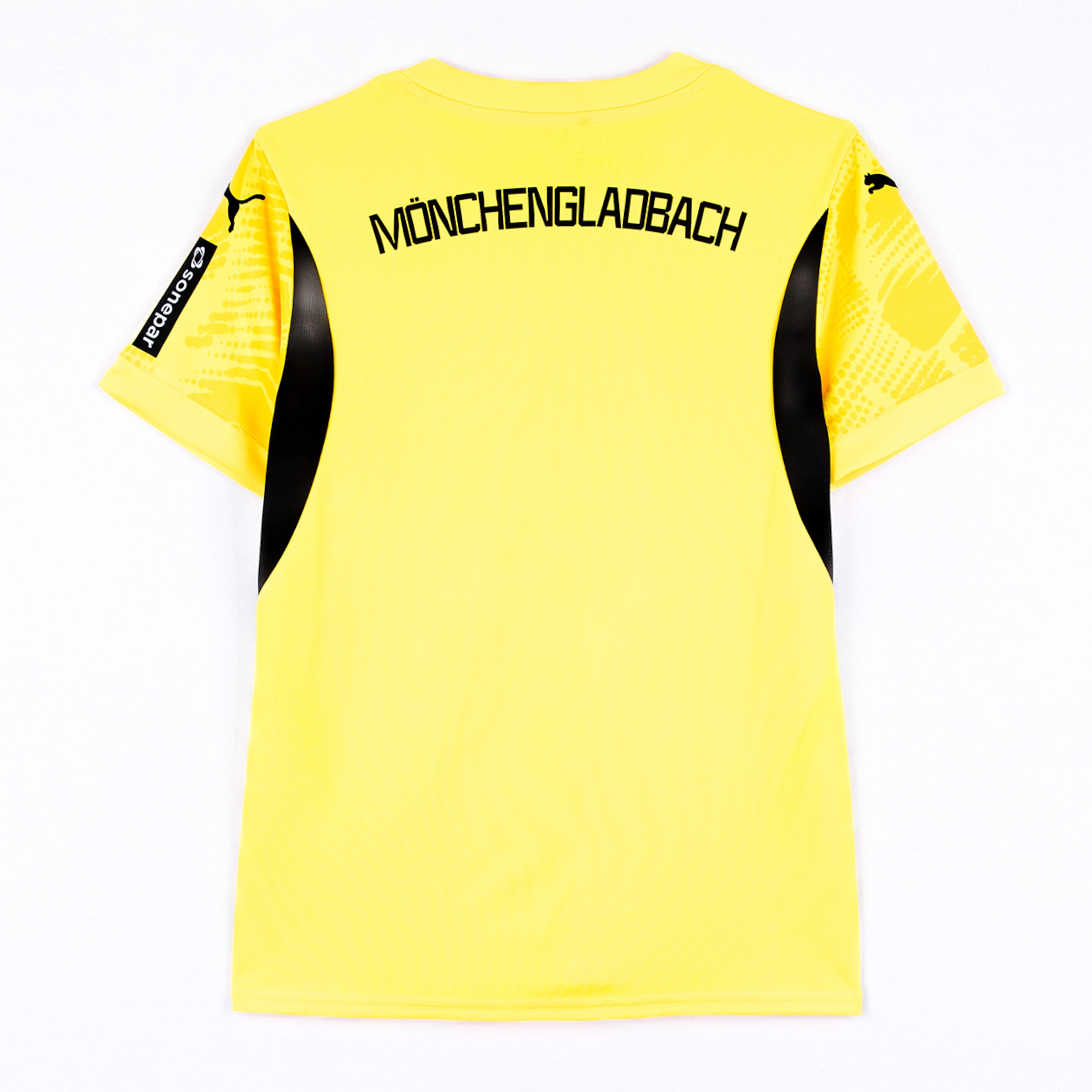Gelbes Fußballtrikot von Borussia Mönchengladbach mit schwarzem Rückenaufdruck.