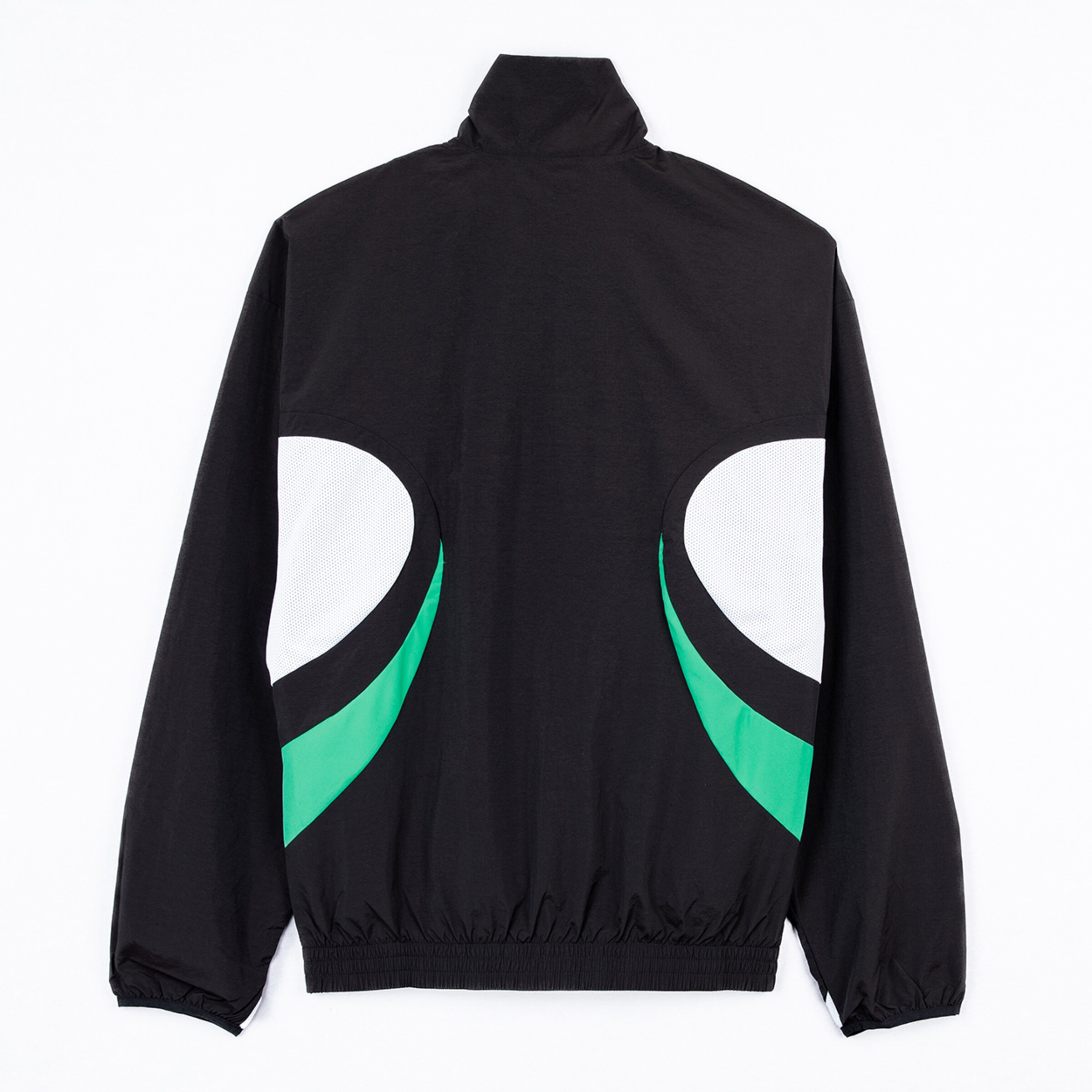 Schwarze Sportjacke mit weißen und grünen Details auf der Rückseite.