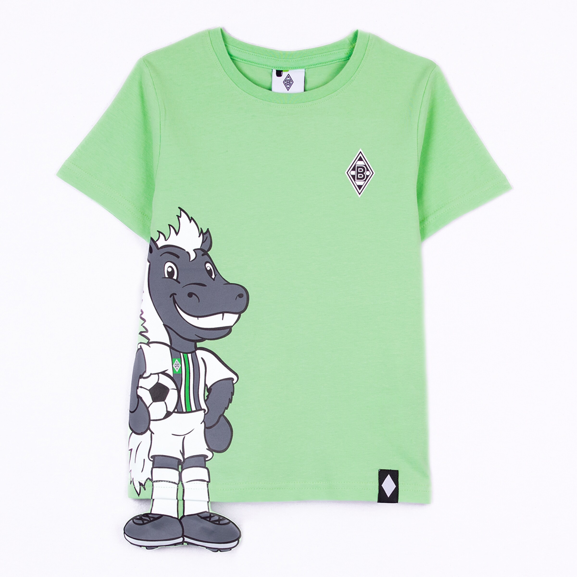 Grünes T-Shirt mit Jünter dem Maskottchen von Borussia Mönchengladbach und einem Fußball.