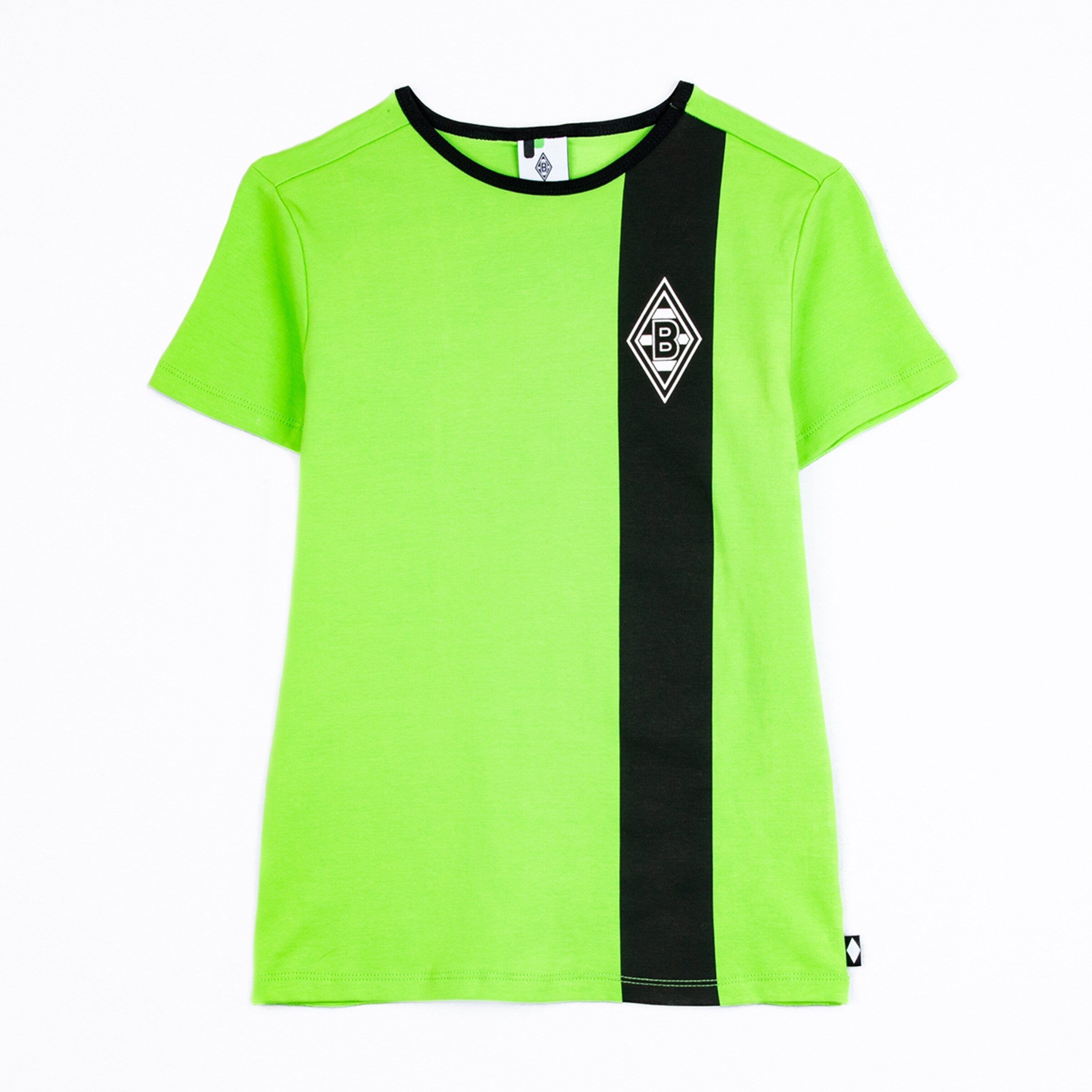 Grünes T-Shirt mit schwarzem Streifen und Borussia Mönchengladbach Logo.