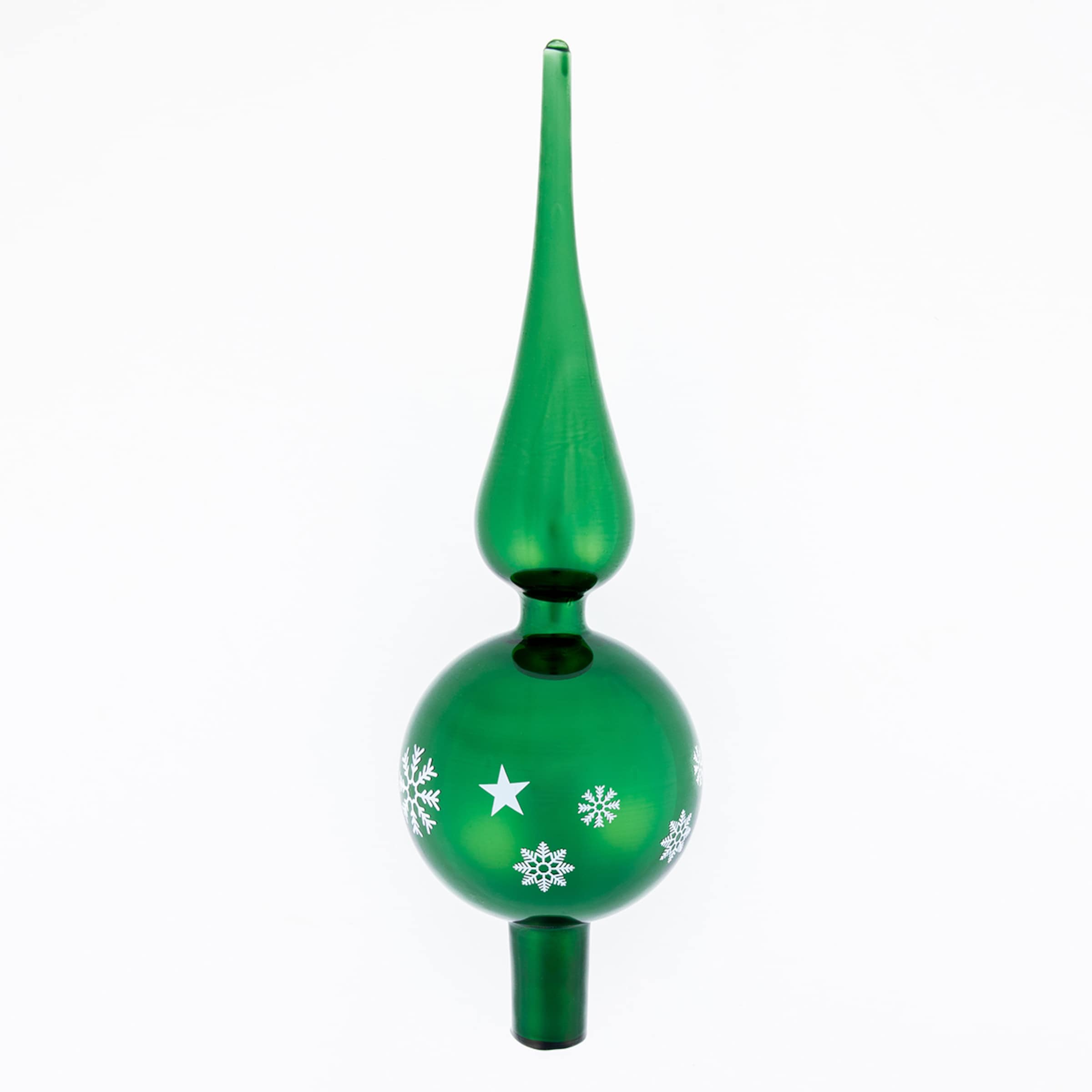 Green glass Christmas tree topper featuring white snowflake and star patterns on the sphere, tapering to a long spike.