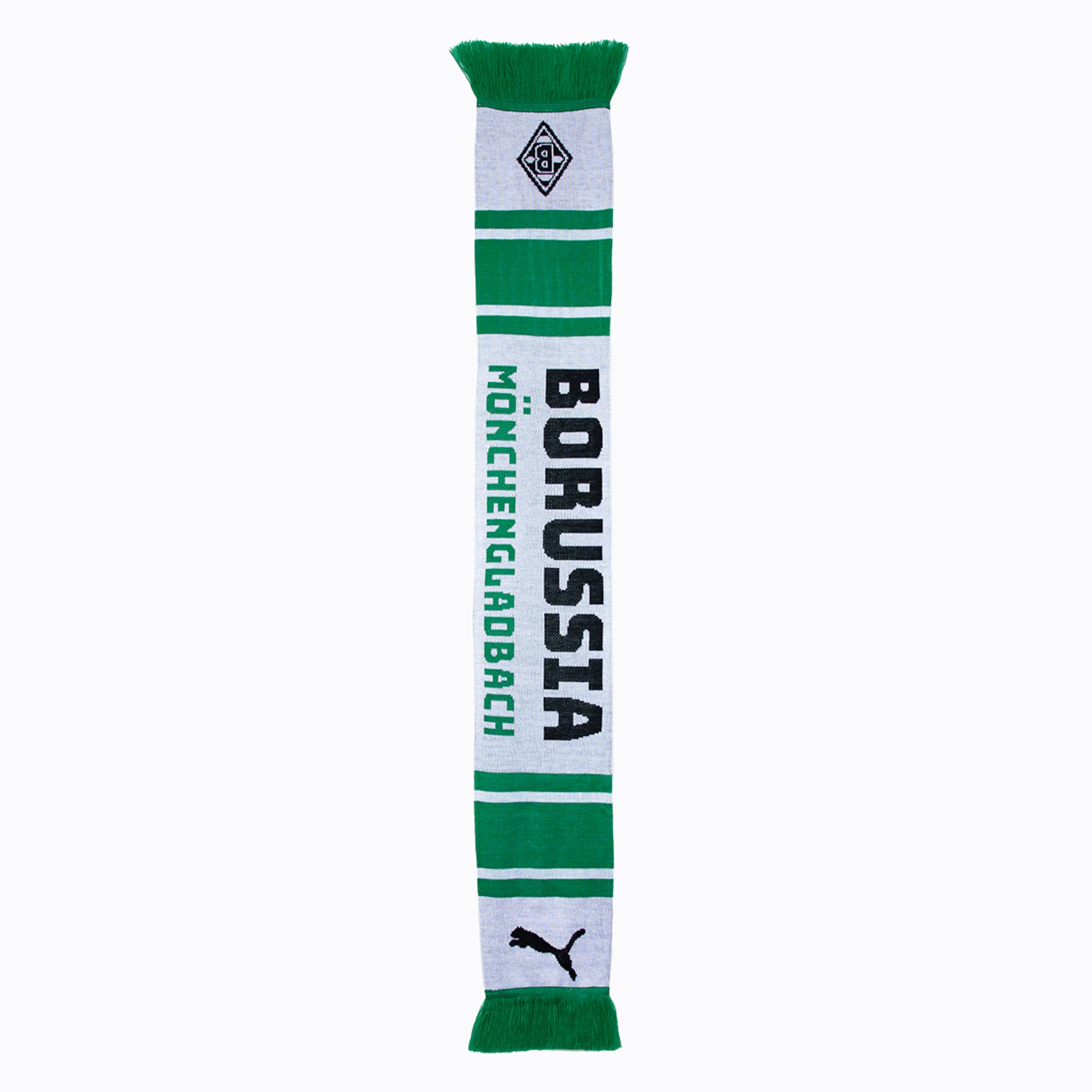 Weiß-grüner Fanschal von Borussia Mönchengladbach mit Puma-Logo, Vereinswappen und großem Schriftzug.