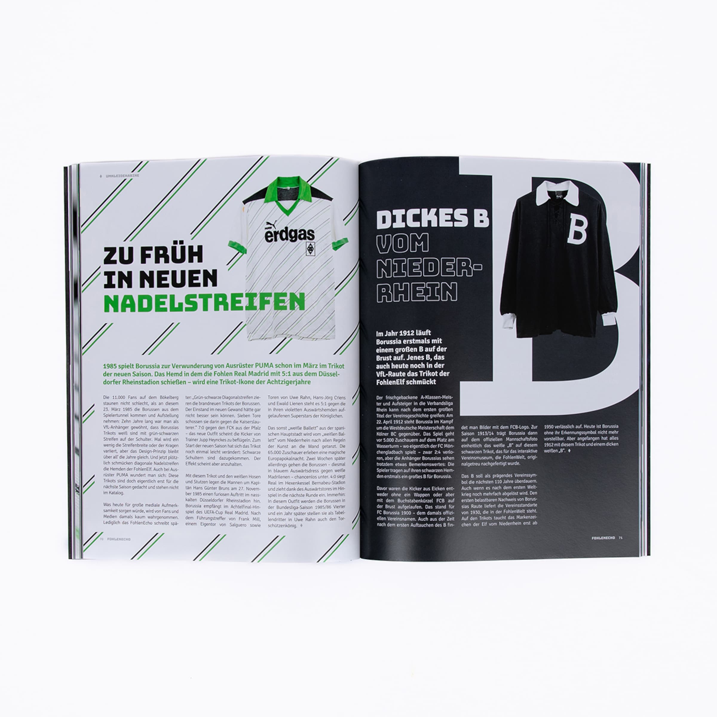 Magazin-Doppelseite zu Gladbach-Trikots: links ein Nadelstreifen-Trikot von 1985, rechts ein schwarzes Trikot mit großem 'B' aus dem Jahr 1912.