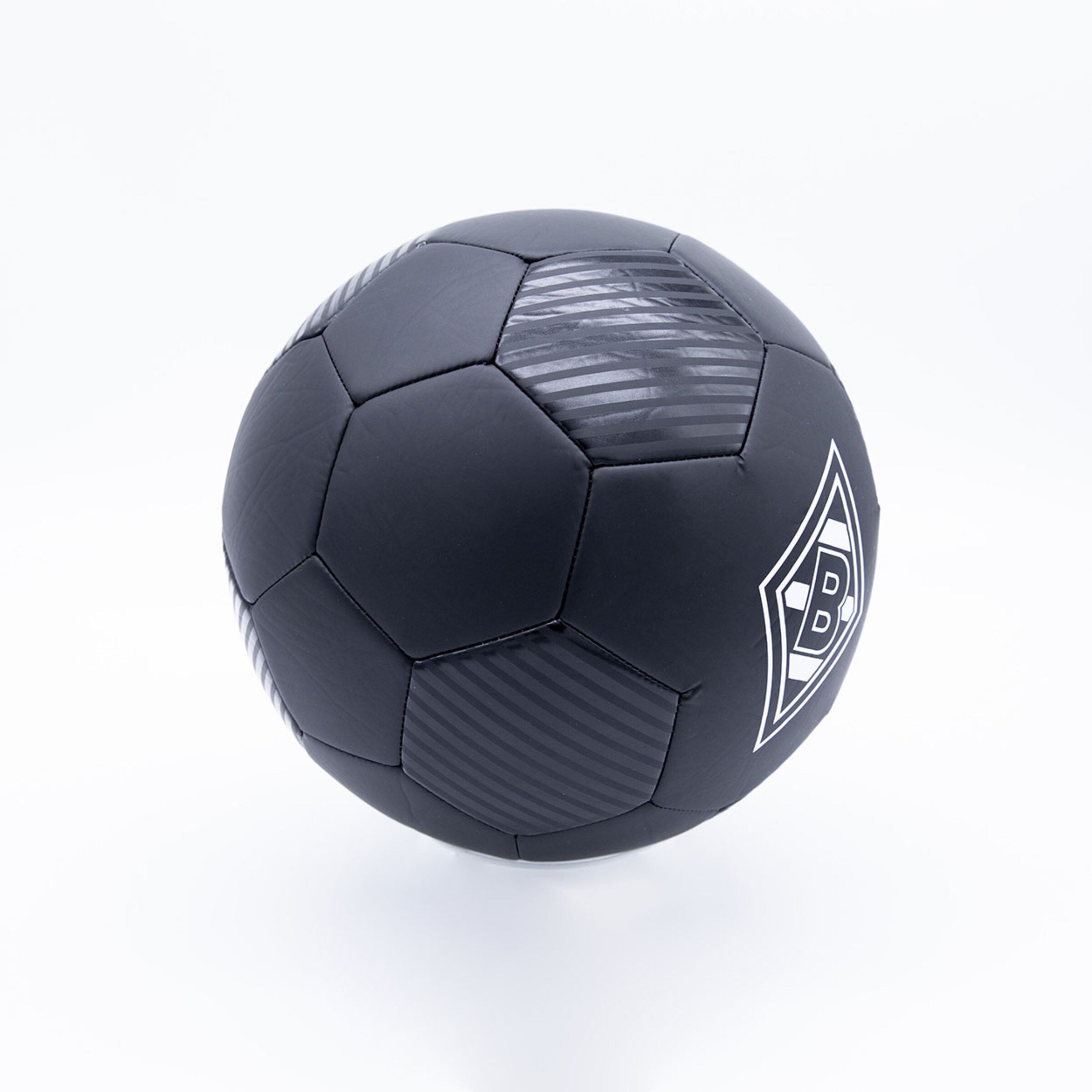 Black soccer ball featuring Borussia Mönchengladbach logo.