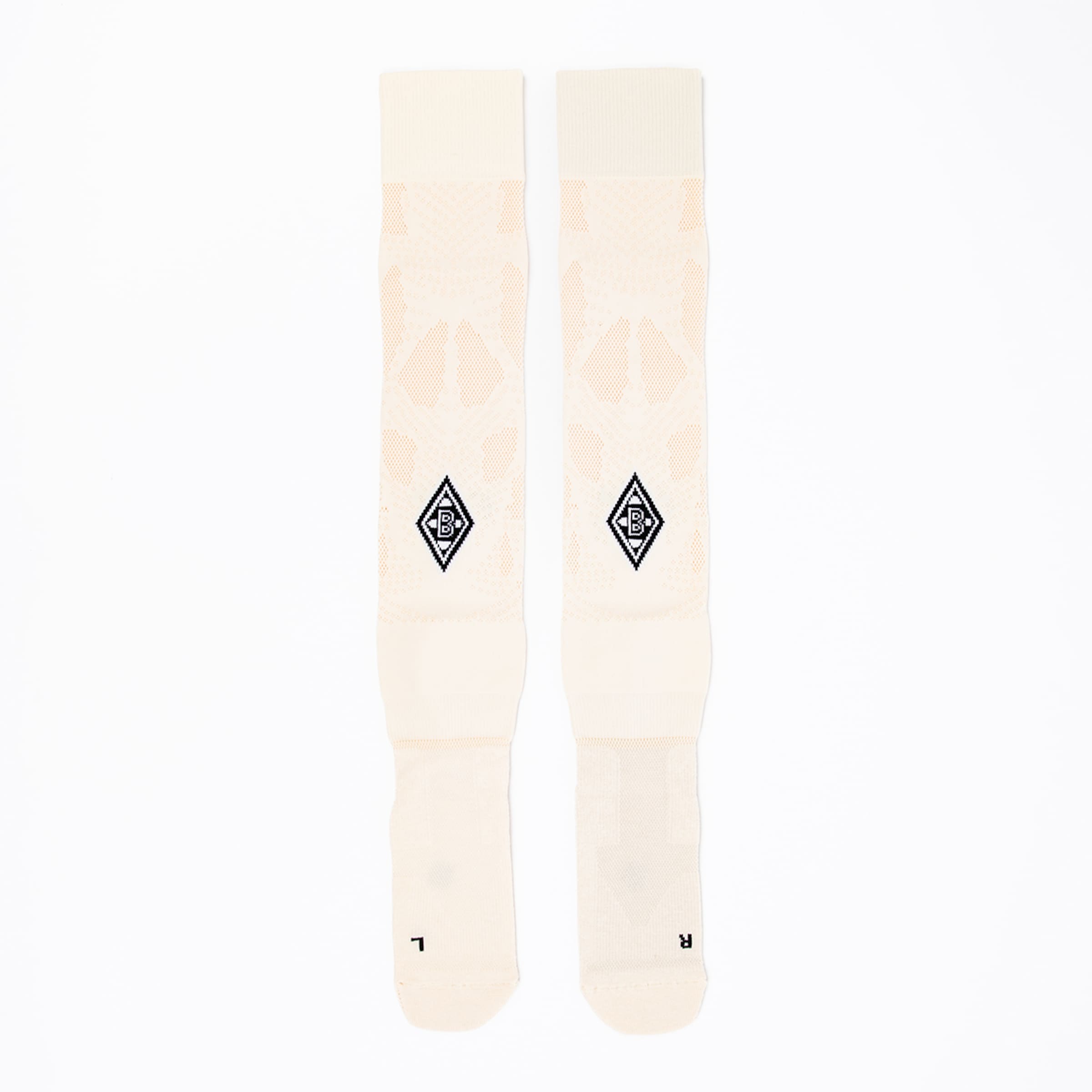 Beige Fußballstrümpfe von Borussia Mönchengladbach mit Logo und Nummern.