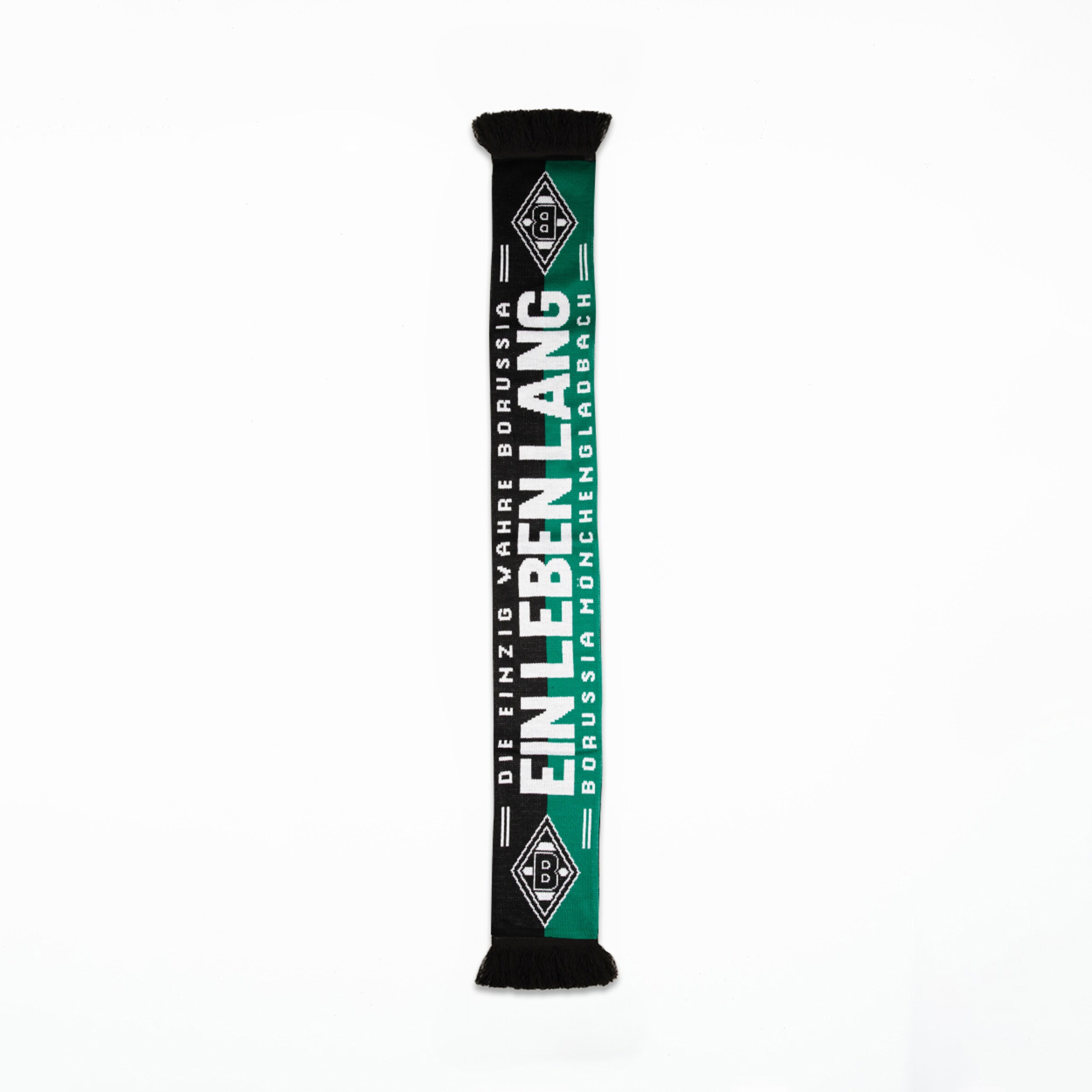 Schwarz-grün geteilter Borussia Mönchengladbach Fan-Schal mit Schriftzug „EIN LEBEN LANG“ und Vereinslogos an beiden Enden.